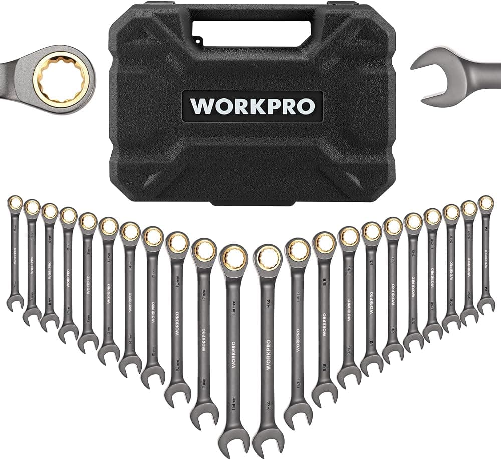 Juego de llaves combinadas de trinquete de 22 piezas con caja de herramientas, niquelado | con caja organizadora, métrico 6-18 mm y SAE 1/4-3/4", 72 dientes, para proyectos domésticos, reparación de automóviles, plomería, construcción, maquinaria