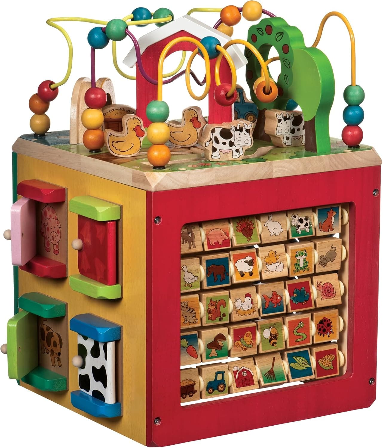 Battat Farm, centro de juegos de 5 lados con laberinto de cuentas, juguetes de madera | Temática de granja con laberinto de cuentas, puertas escondidas, hilanderos, carreras en zig-zag y animales que se pueden combinar y combinar, a partir de 1 año