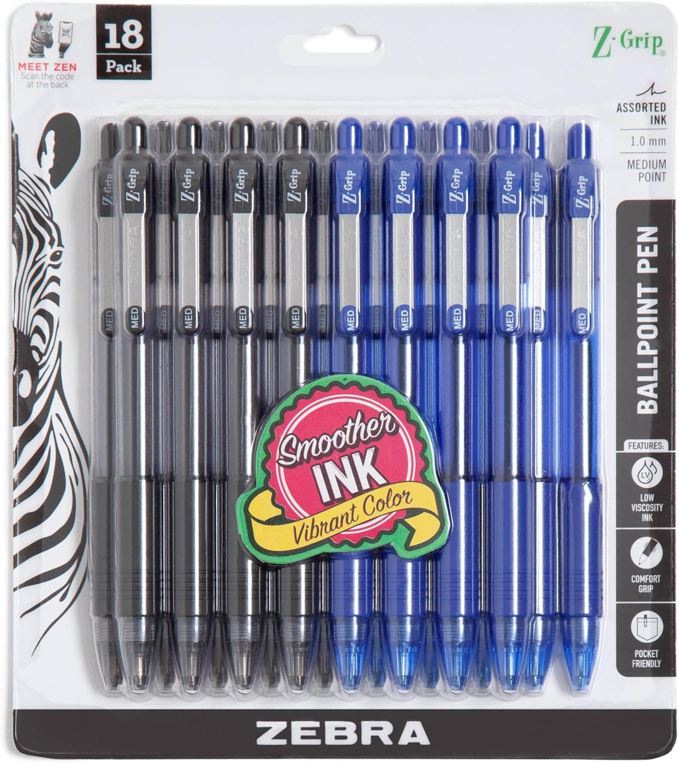 Bolígrafo retráctil Zebra Pen Z-Grip, negro/azul, 1,0 mm, paquete de 18 | Escritura suave, punta de punta media, ideal para planificadores, toma de notas y material escolar y de oficina (22018amz)