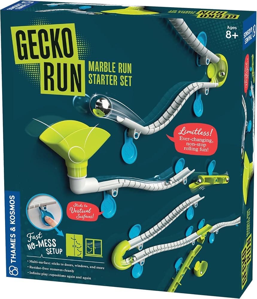 Juego inicial Gecko Run Marble Run de Thames & Kosmos, ganador del juguete del año: pista de canicas vertical de 63 piezas, pistas flexibles | Configuración rápida y sin complicaciones, almohadillas nanoadhesivas sin residuos, juego creativo