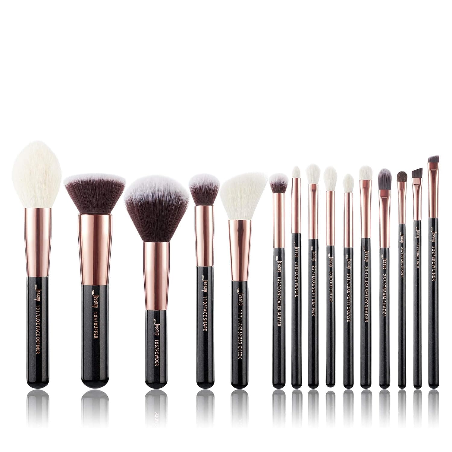 Jessup Pinceles de maquillaje Juego de brochas de maquillaje clásico de 15 piezas T160 | Brochas etiquetadas, cerdas de cabello mixtas, fuerte captación de polvo, mezcla suave para base, rubor, contorno y sombra de ojos
