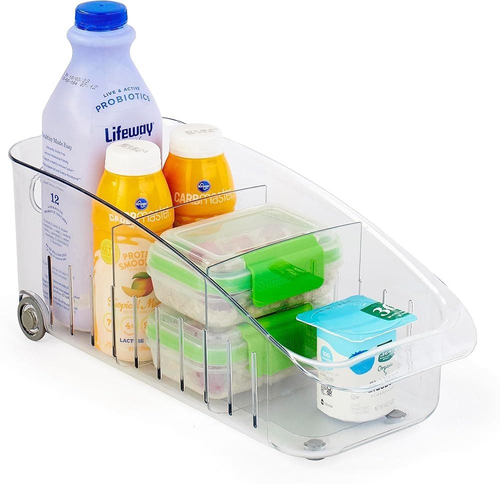YouCopia Cajón enrollable para refrigerador de 6 pulgadas, contenedor organizador transparente para refrigerador con ruedas, sin BPA, con divisores ajustables y asas para almacenamiento de productos, alimentos, comidas y refrigerios