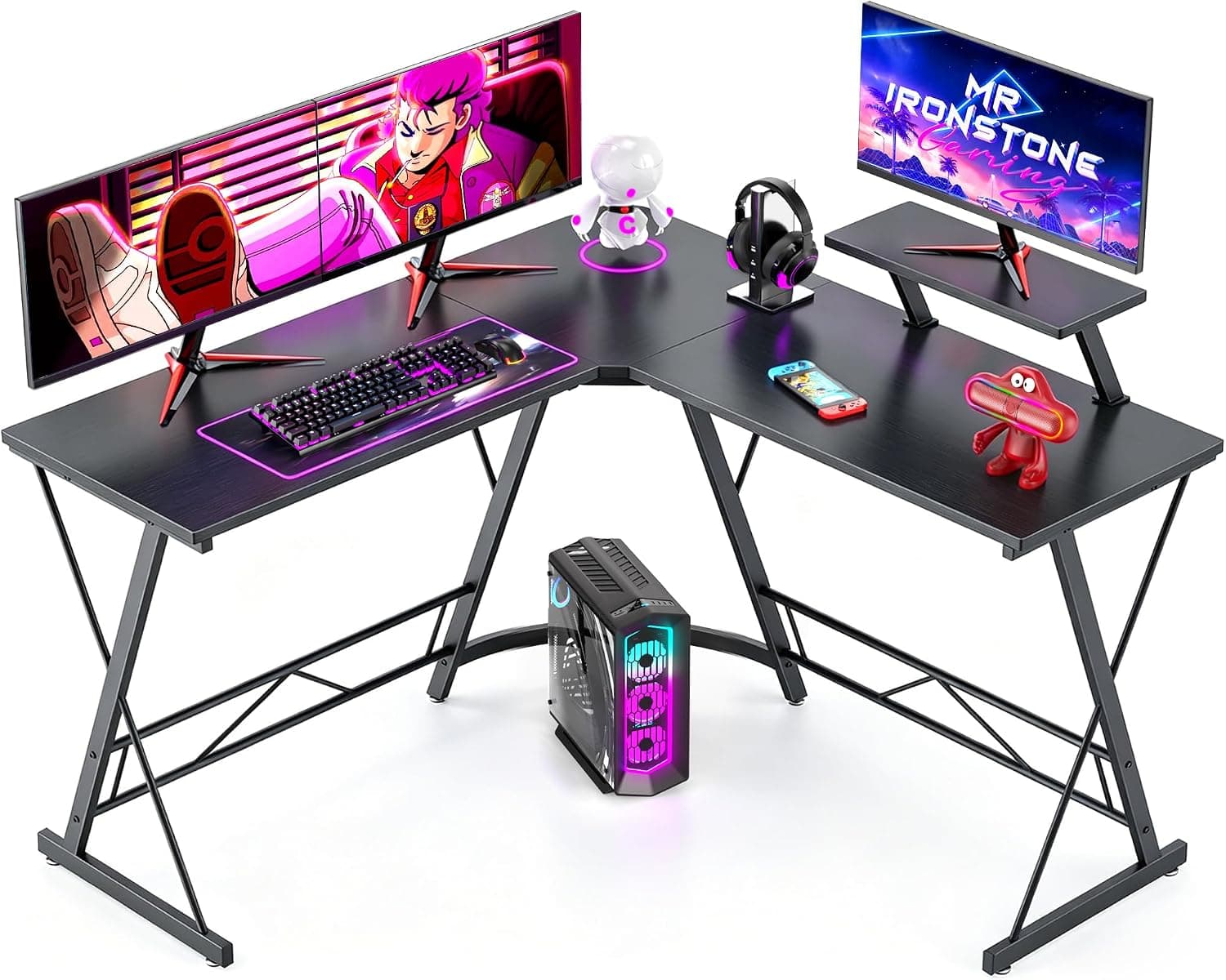 Mr IRONSTONE Escritorio de esquina para juegos en forma de L, escritorio para computadora, escritorio de oficina en casa, estación de trabajo con soporte para monitor grande, fácil de montar (negro, 51 pulgadas)