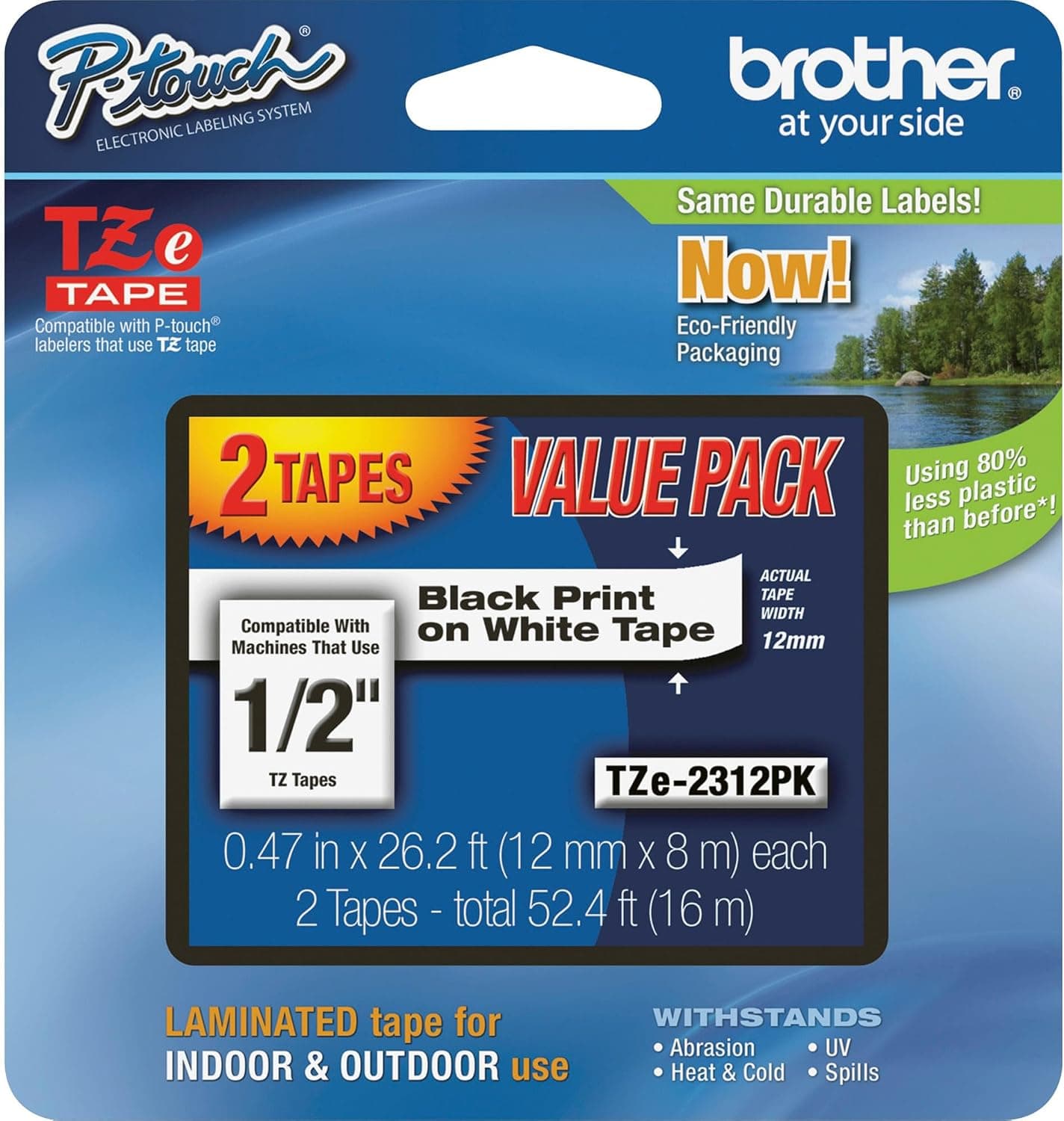 Brother P-Touch, TZe-231, paquete de 2 cintas originales (TZE2312PK) Cinta P-Touch laminada de ½”(0,47”) x 26,2 pies (8 m), negro sobre blanco (paquete de 2) | 26,2 pies por rollo, construcción laminada