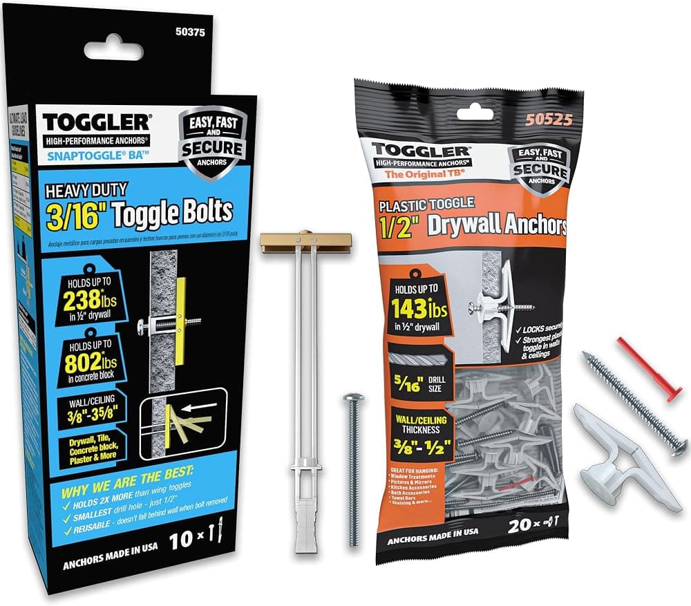 TOGGLER TB & SNAPTOGGLE Anclajes para paneles de yeso y pernos de palanca de alta resistencia con tornillos – Polipropileno y galvanizado para paredes huecas, yeso y azulejos – Paquete combinado de 20 y 10