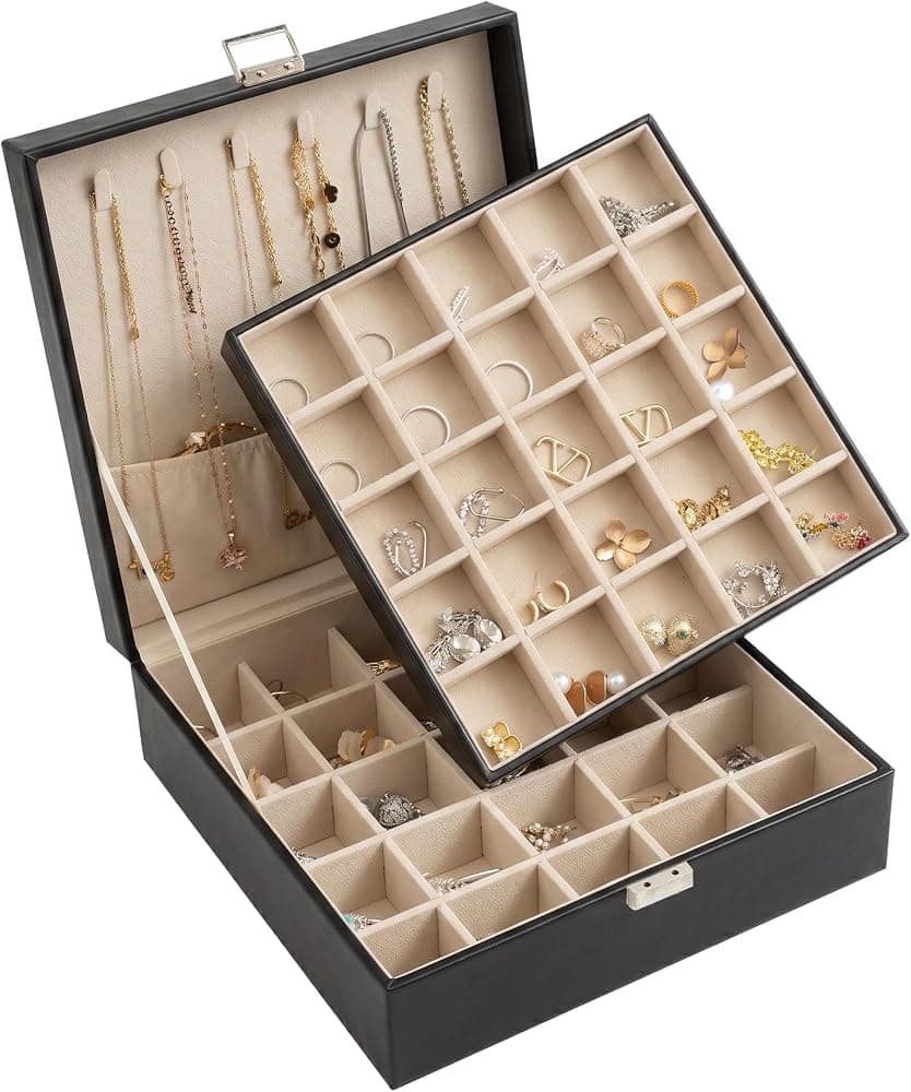 Frebeauty Organizador de pendientes de 50 rejillas, joyero de 2 capas para mujer | Cuero sintético, Forro de Terciopelo, Divisor Ajustable, Organizador de Joyas para Anillo, Collar y Pulsera, para Uso doméstico y joyería