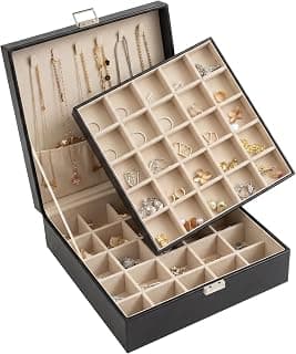 Frebeauty 50 Grid Earring Holder Organizer,2 Layer Jewelry Box for Women | Faux Leather,Velvet Lining,Adjustable Divider,Jewelry Organizer for Ring Necklace and Bracelet,for Home Use and Jewelry Store