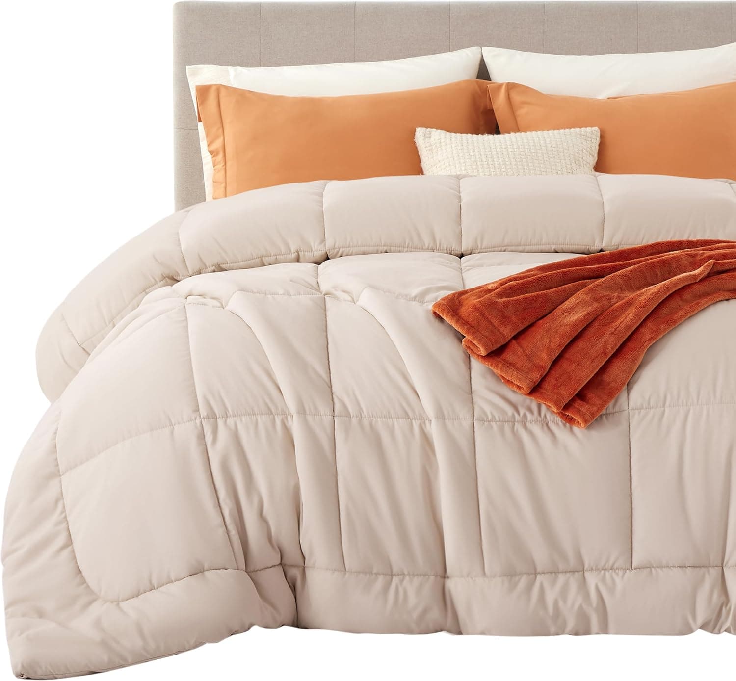 Bedsure Edredón con relleno de edredón – Edredones acolchados Cal King Size, edredón para todas las estaciones, ropa de cama alternativa de plumón suave, con 8 pestañas, regalos para mujeres/hombres, beige, California King 96 x 102 pulgadas
