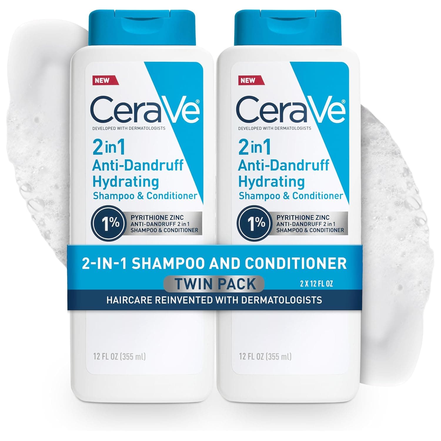 CeraVe Champú y acondicionador anticaspa hidratante 2 en 1, paquete doble, tratamiento anticaspa con 1% piritiona de zinc que ayuda a eliminar la caspa, color seguro y sin sulfato, 12 onzas líquidas cada uno (juego de 2)