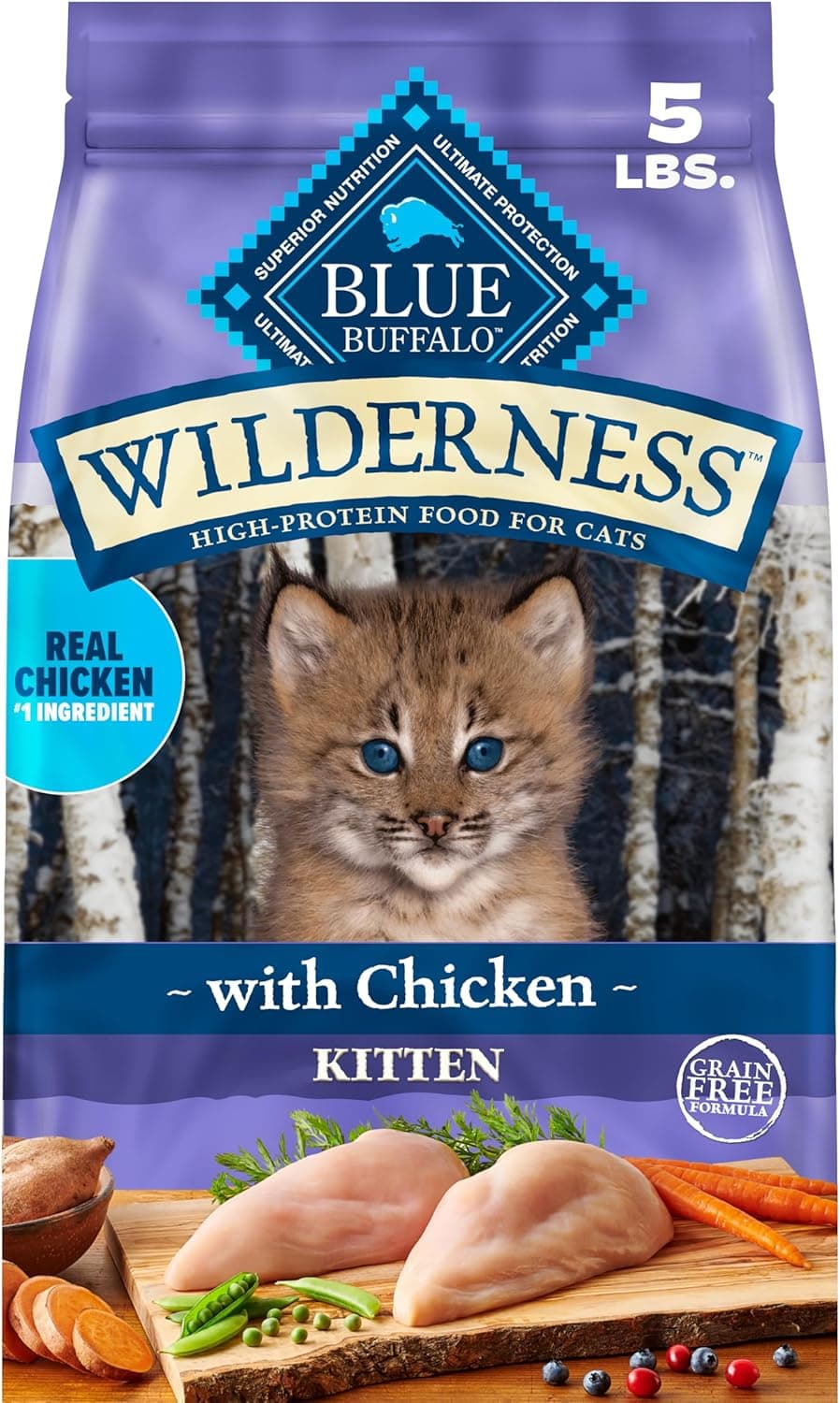 Alimento seco para gatos Blue Buffalo Wilderness Chicken Kitten, sin cereales, 5 lb | Alto contenido de proteínas, ingrediente #1 de pollo real, DHA y ARA para el desarrollo del cerebro y los ojos, bits LifeSource ricos en antioxidantes