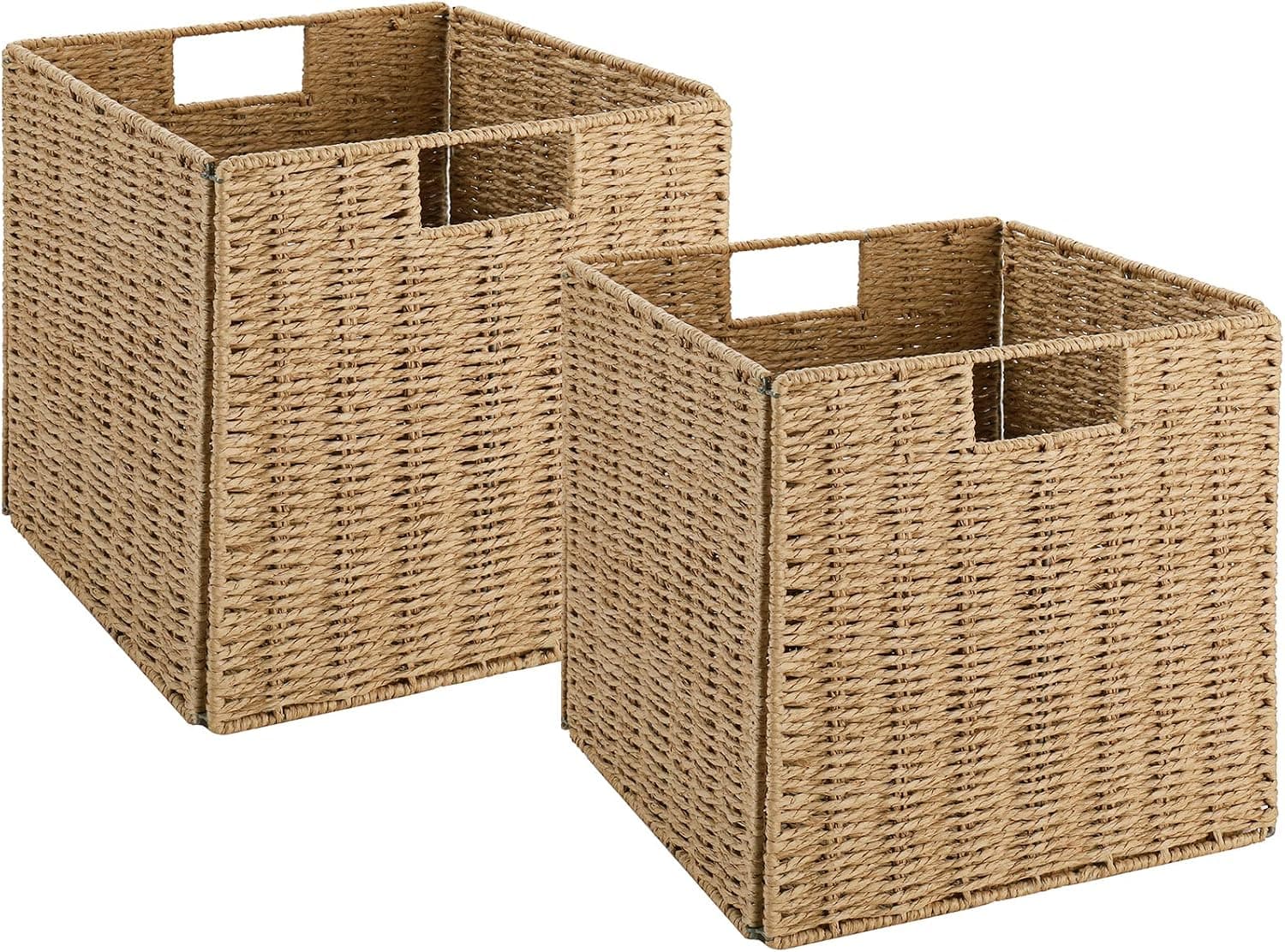 Vagusicc Cesta de almacenamiento de mimbre, juego de 2 cestas de almacenamiento tejidas a mano para estantes con asas, cestas de almacenamiento plegables, cestas de mimbre de 9 pulgadas para despensa, dormitorio, organizador y decoración, natural