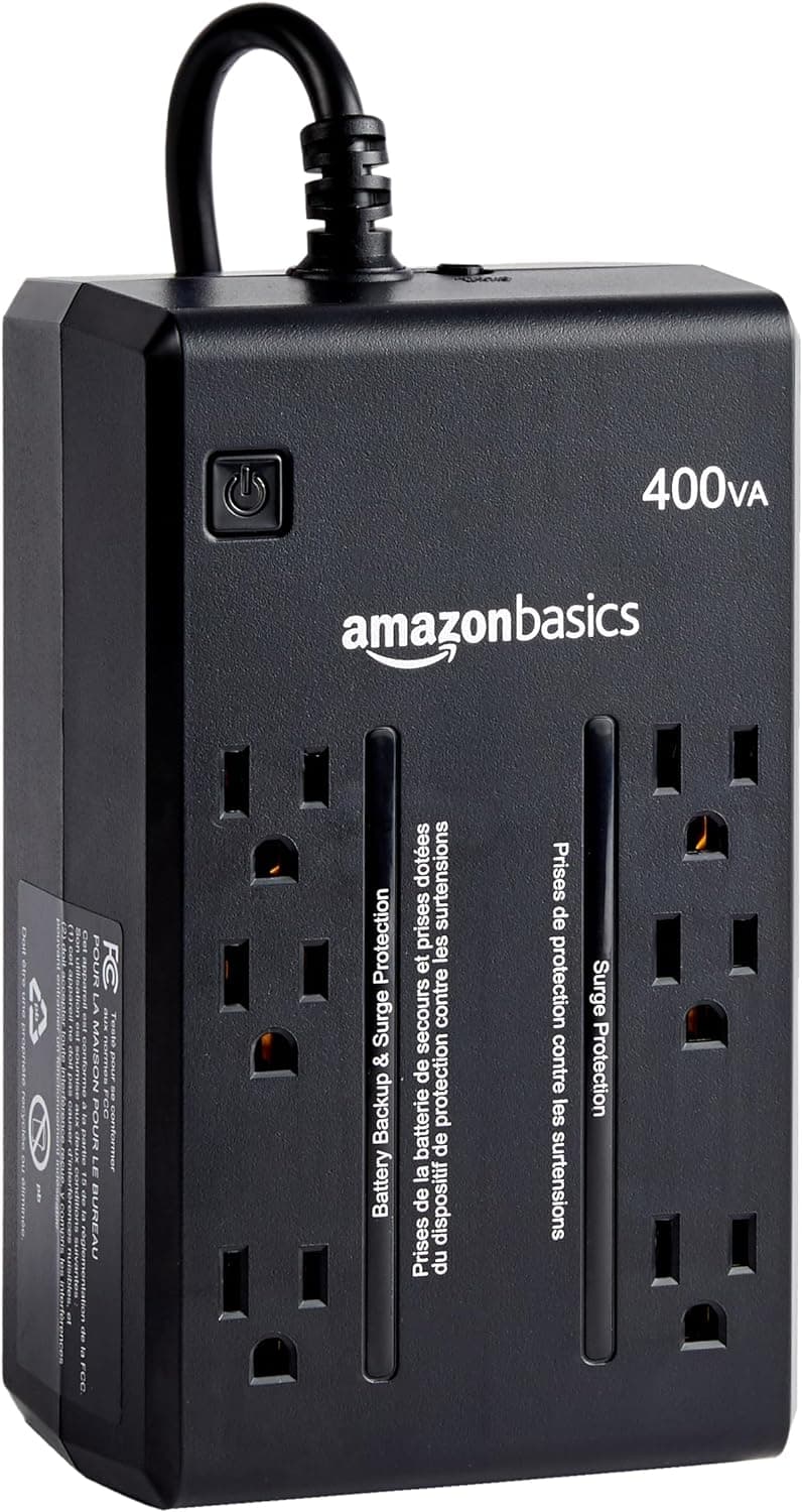 Amazon Basics UPS Respaldo de batería y protector contra sobretensiones, 400 VA/255 W, 6 salidas, fuente de alimentación ininterrumpida, tamaño pequeño y compacto, negro