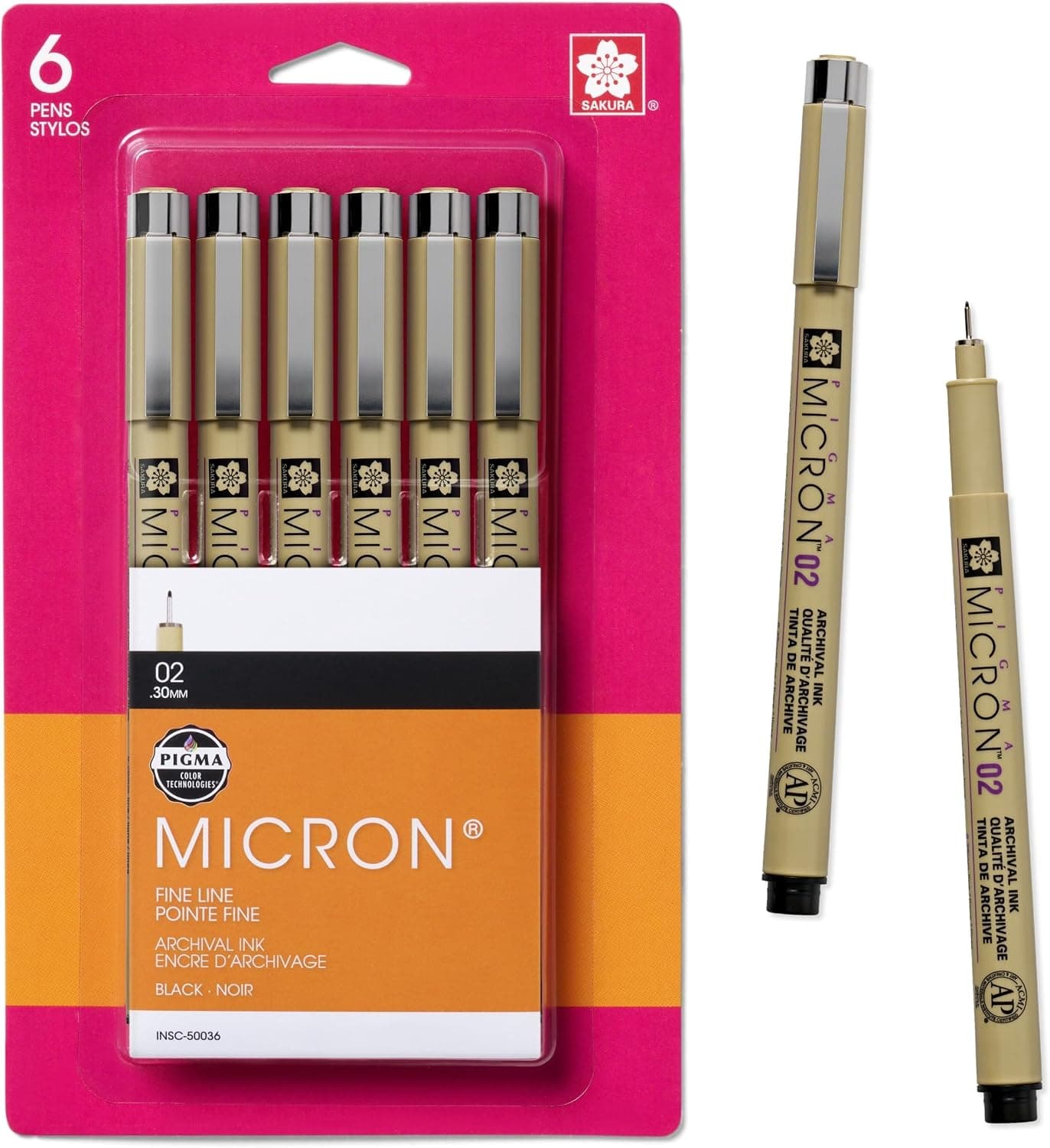 Bolígrafos de punta fina SAKURA Pigma Micron, tamaño de punta 02, tinta negra de archivo, 6 unidades 50036 | Bolígrafos de tinta negra de archivo para escritura, ilustración y diario, puntas y líneas finas precisas, escritura suave