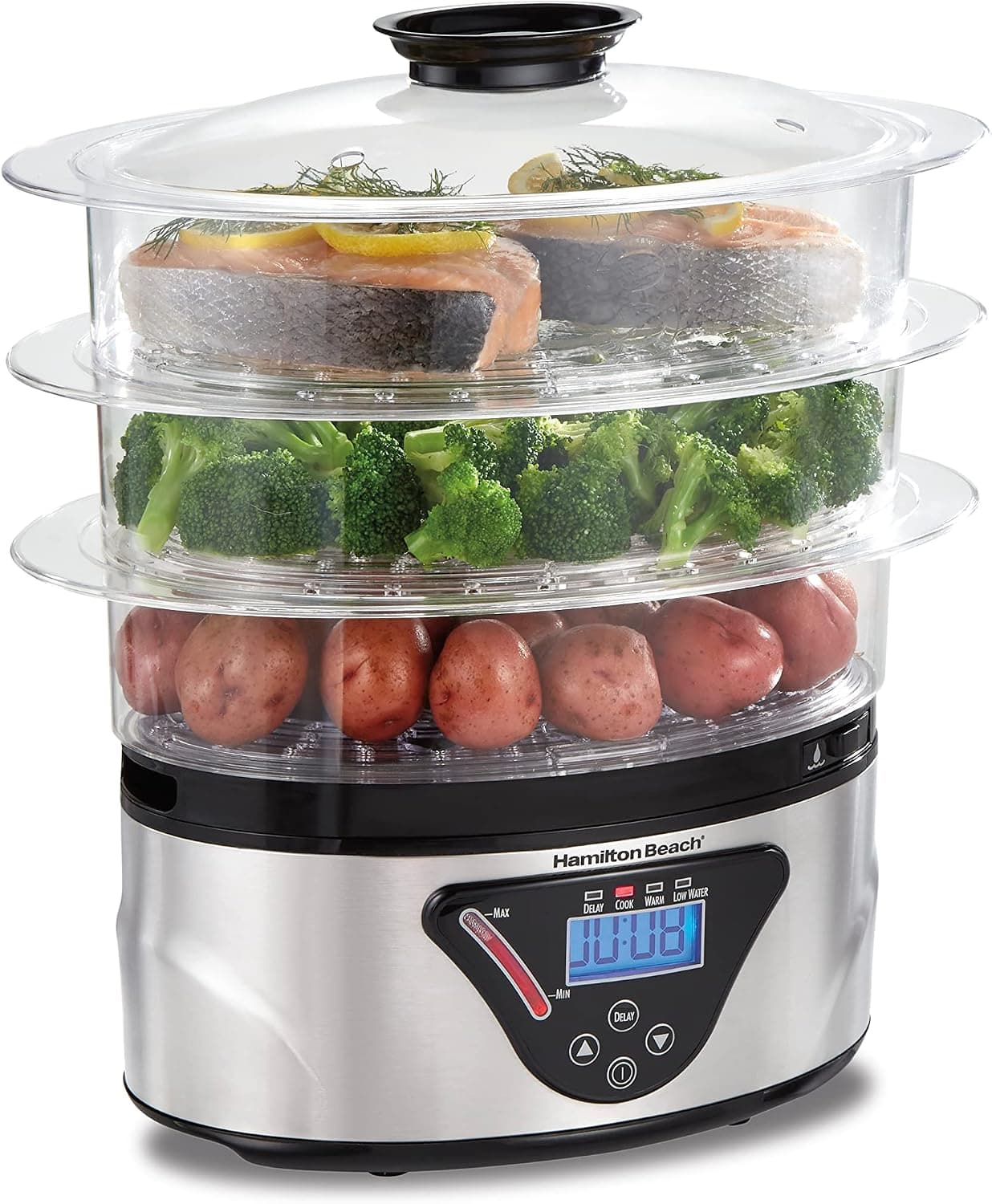 Hamilton Beach Digital Electric Food Steamer, Rice Cooker & Egg Boiler | For Quick Healthy Cooking | 8.25 Qt. Stackable Three-Tier Bowls For Vegetables and Seafood | Auto Shutoff | Black & Stainless
