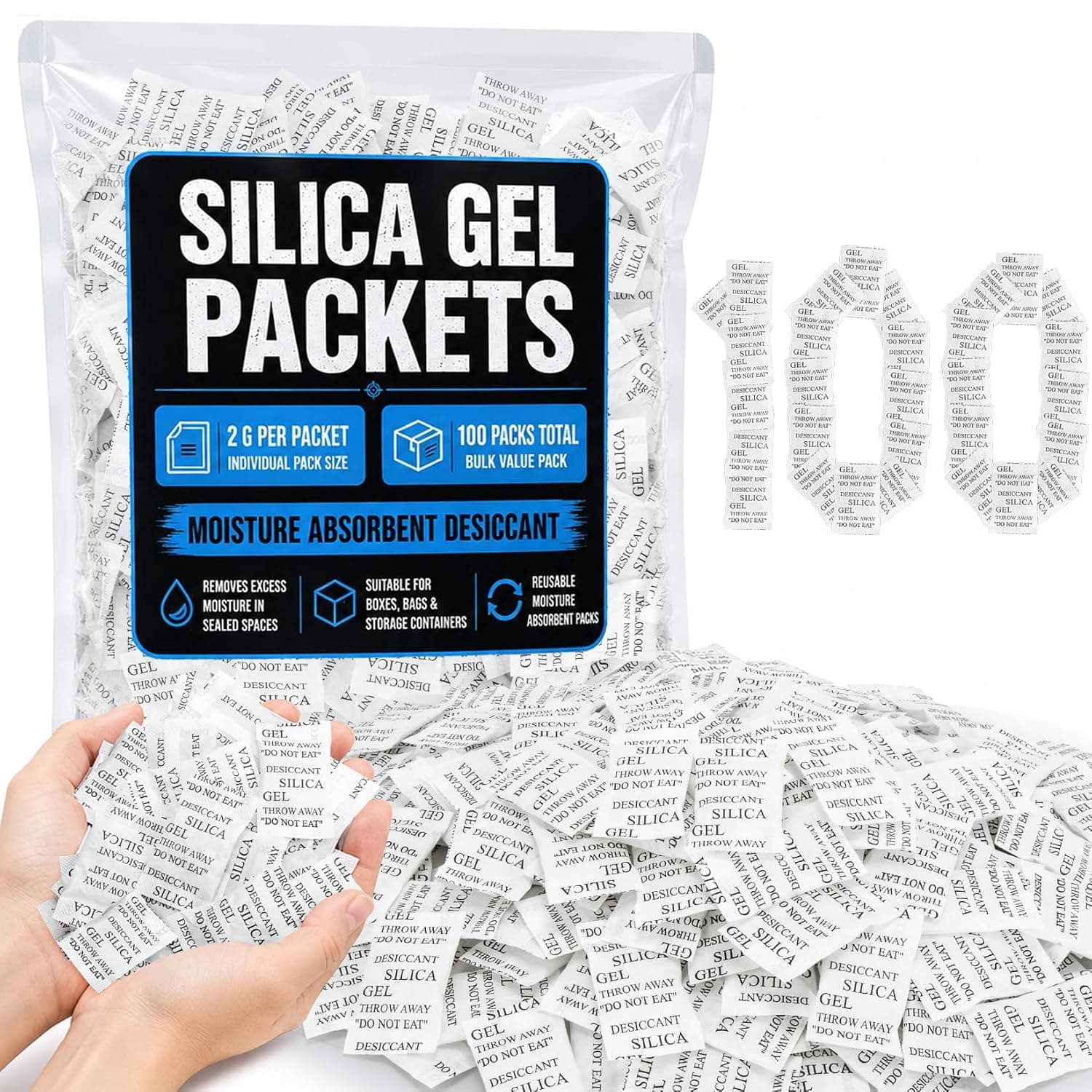 Sukh Paquetes de gel de sílice de 100 piezas - 2 g de perlas desecantes absorbentes de humedad | Paquete desecante reutilizable para almacenamiento, armario, ropa, zapatos, automóvil, joyas, filamentos 3D, protección electrónica contra la humedad