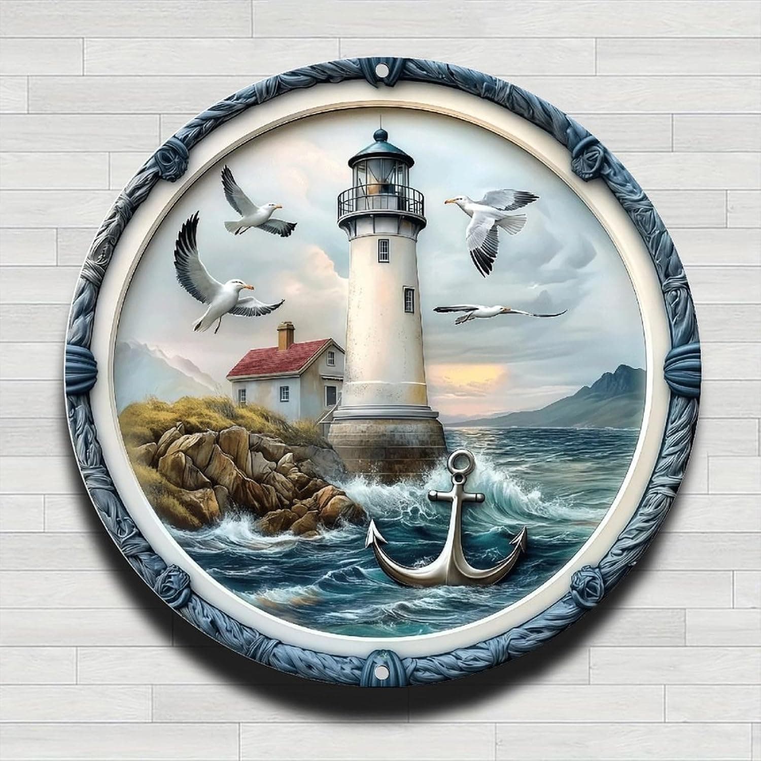 Coastal Lighthouse Scene with Gulls in Flight Vintage Rustic Aluminum Metal Round Wall Sign -8in Indoor Outdoor Gifts And Decor for Home, Office, Cafe & Yard