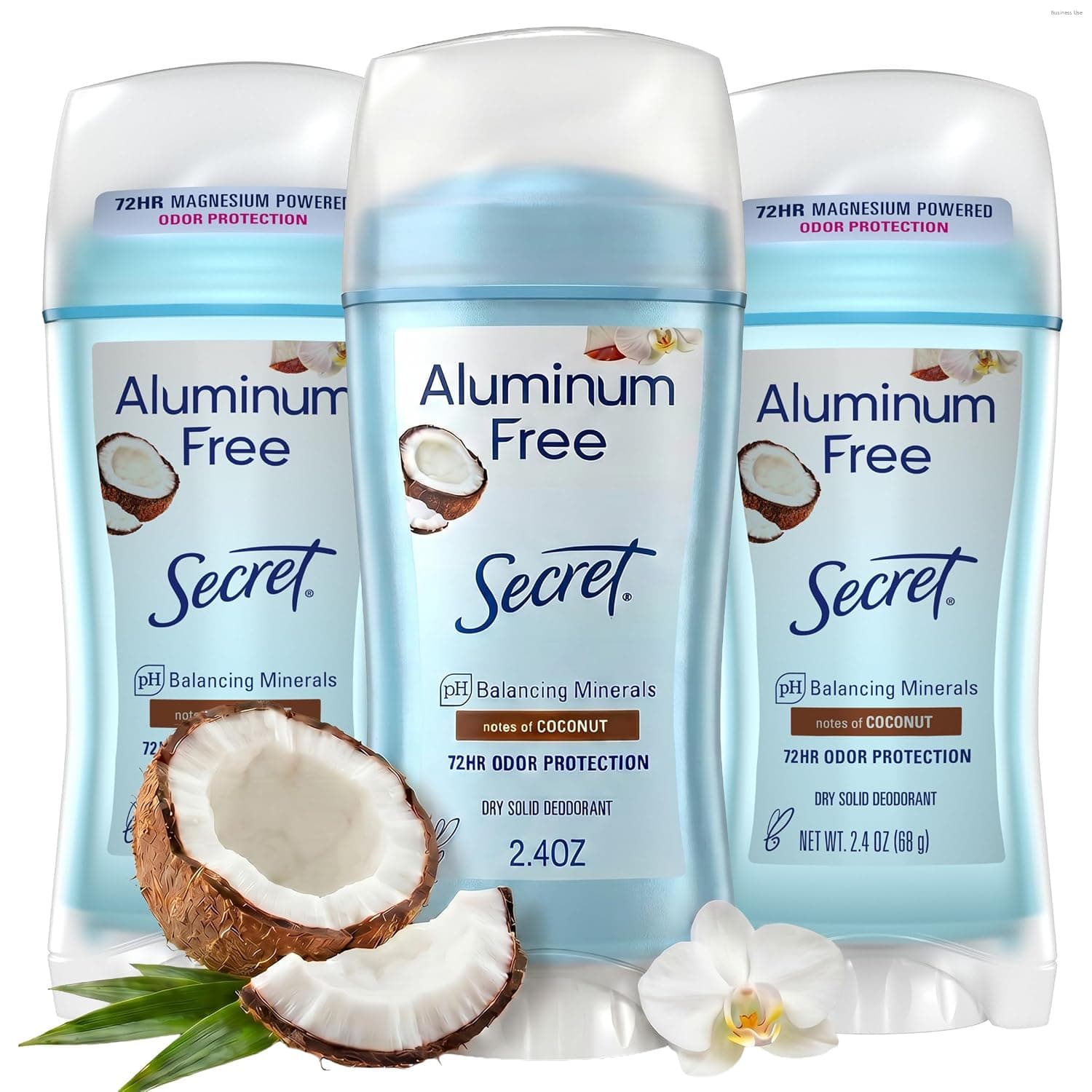 Desodorante secreto sin aluminio para mujeres, protección de olores de 48 horas, ingredientes derivados naturalmente, libre de parabenos, colorantes, talco y bicarbonato de sodio, PH equilibrado, sólido seco, aroma a coco, 2.4 oz (paquete de 3)