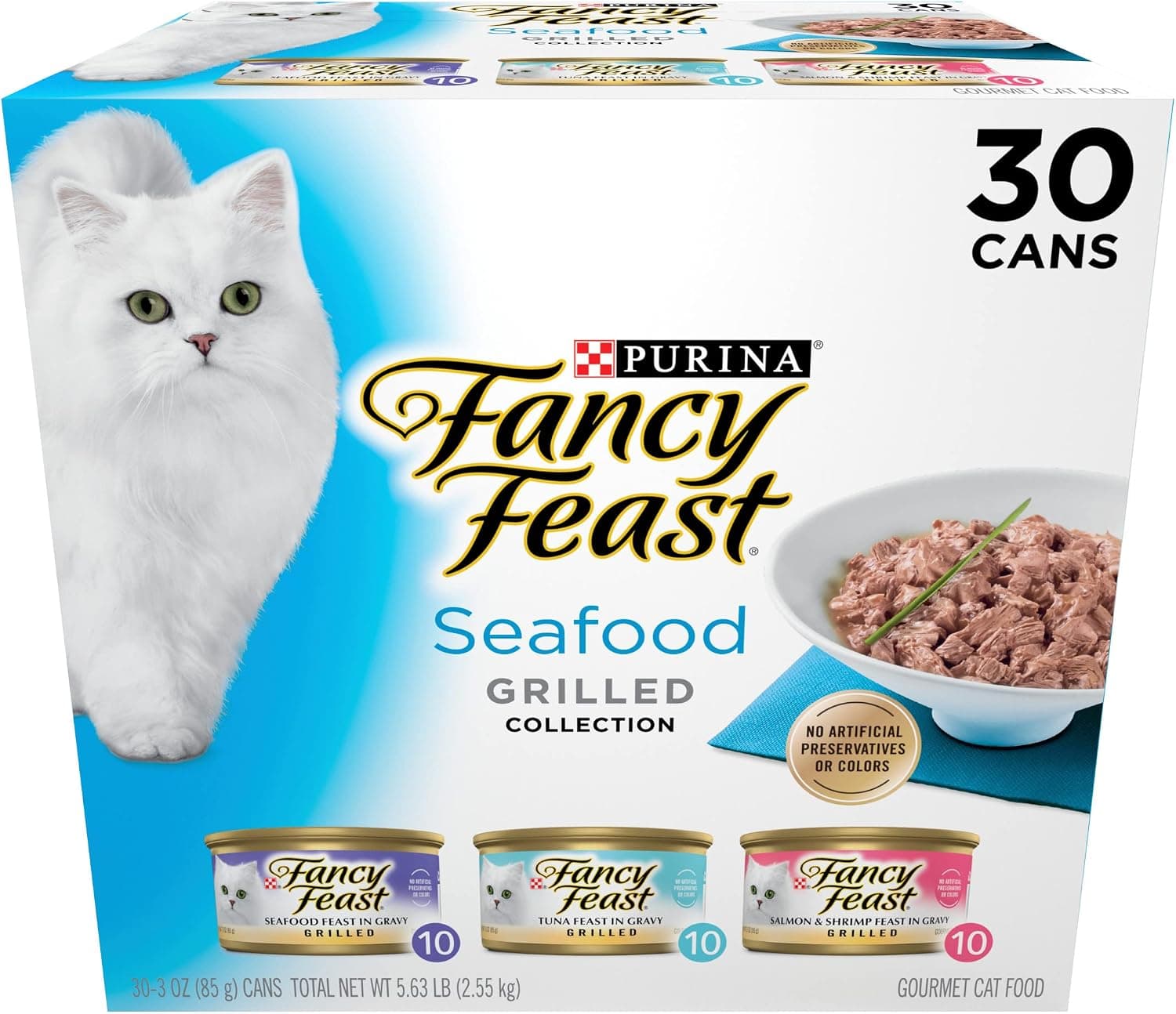 Purina Fancy Feast Grilled Seafood Wet Cat Food, 3 oz Cans, 30-Pack | Variety Pack, No Artificial Colors or Preservatives, 100 percent complete and balanced nutrition