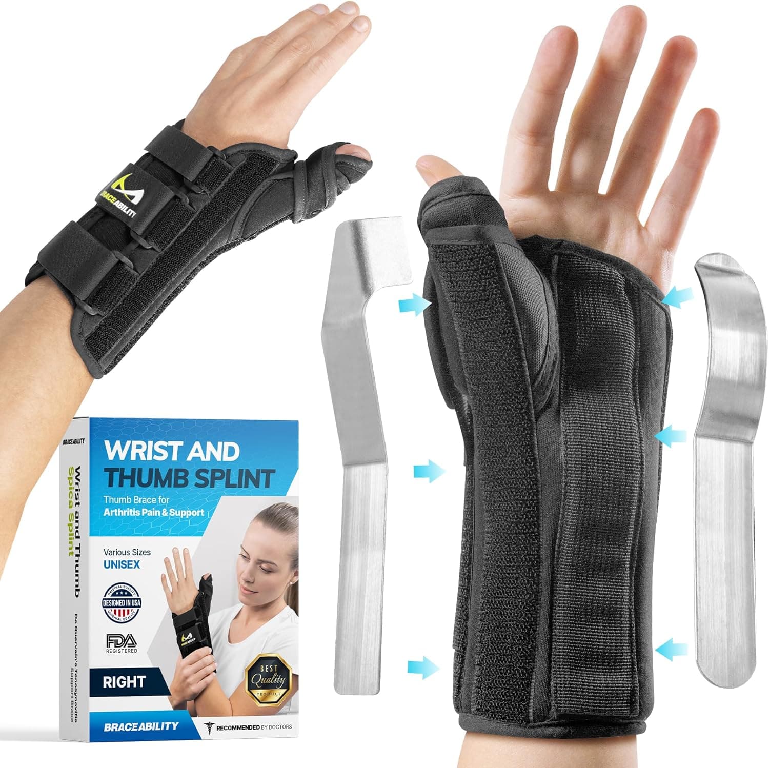 BraceAbility Férula de muñeca y pulgar Spica - Estabilizador de yeso de antebrazo largo para tenosinovitis de De Quervain para tendinitis, esguinces, soporte para pulgar para dolor y apoyo de artritis - (S mano izquierda)