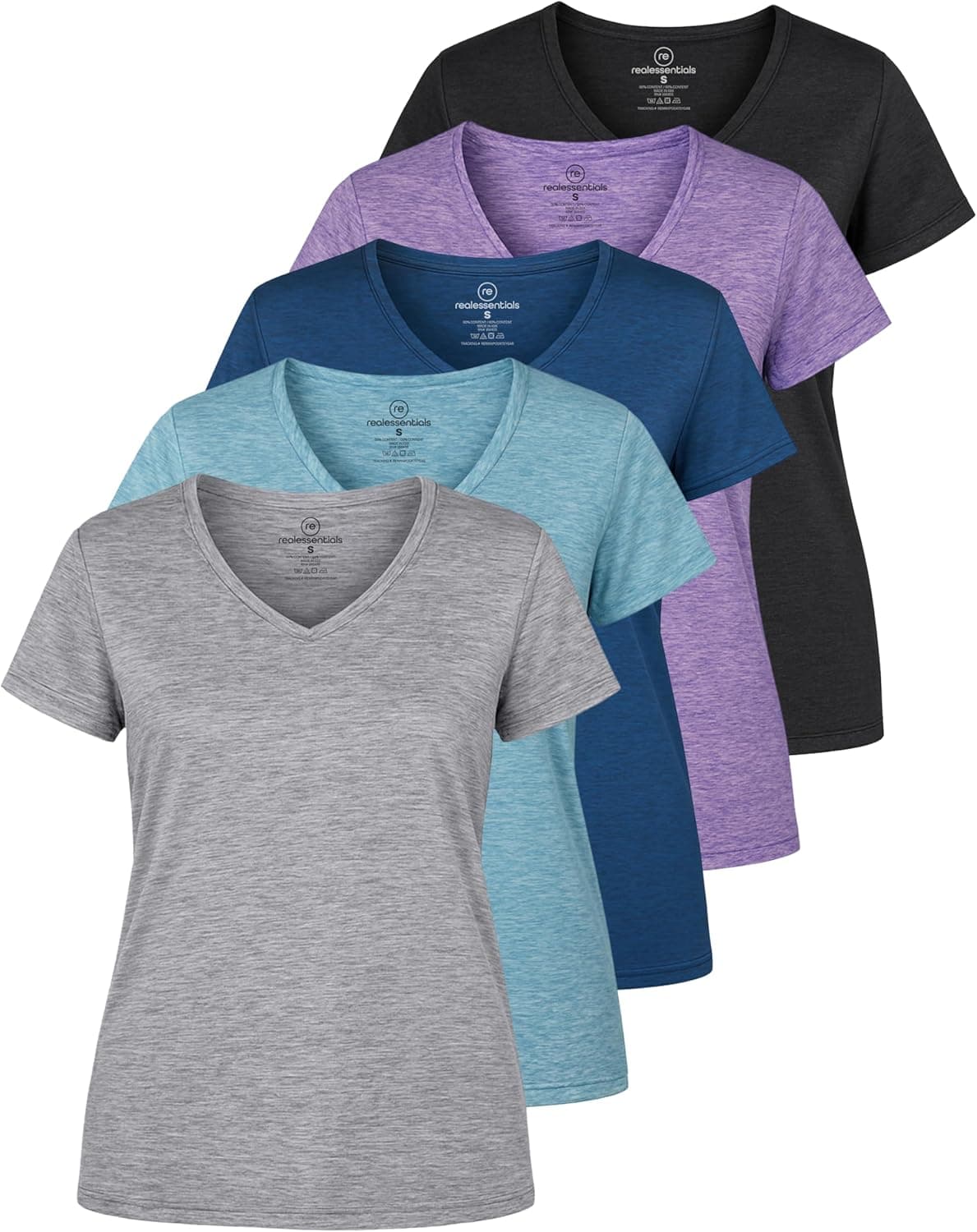 Paquete de 5 Real Essentials: camiseta de manga corta con cuello en V para mujer Dry-Fit Workout Fitness Yoga Top Tee (disponible en talla grande)