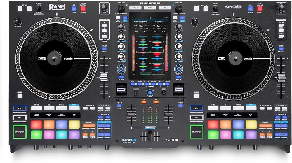 Rane System One, controlador de DJ motorizado independiente todo en uno con sistema operativo Engine DJ, mezcla perfecta en 2 decks, Stems FX, Serato DJ Pro, salidas XLR | Mezclador de DJ motorizado todo en uno, Engine DJ OS, 2 decks, 16 pads, Stems FX, Serato DJ Pro, salidas XLR