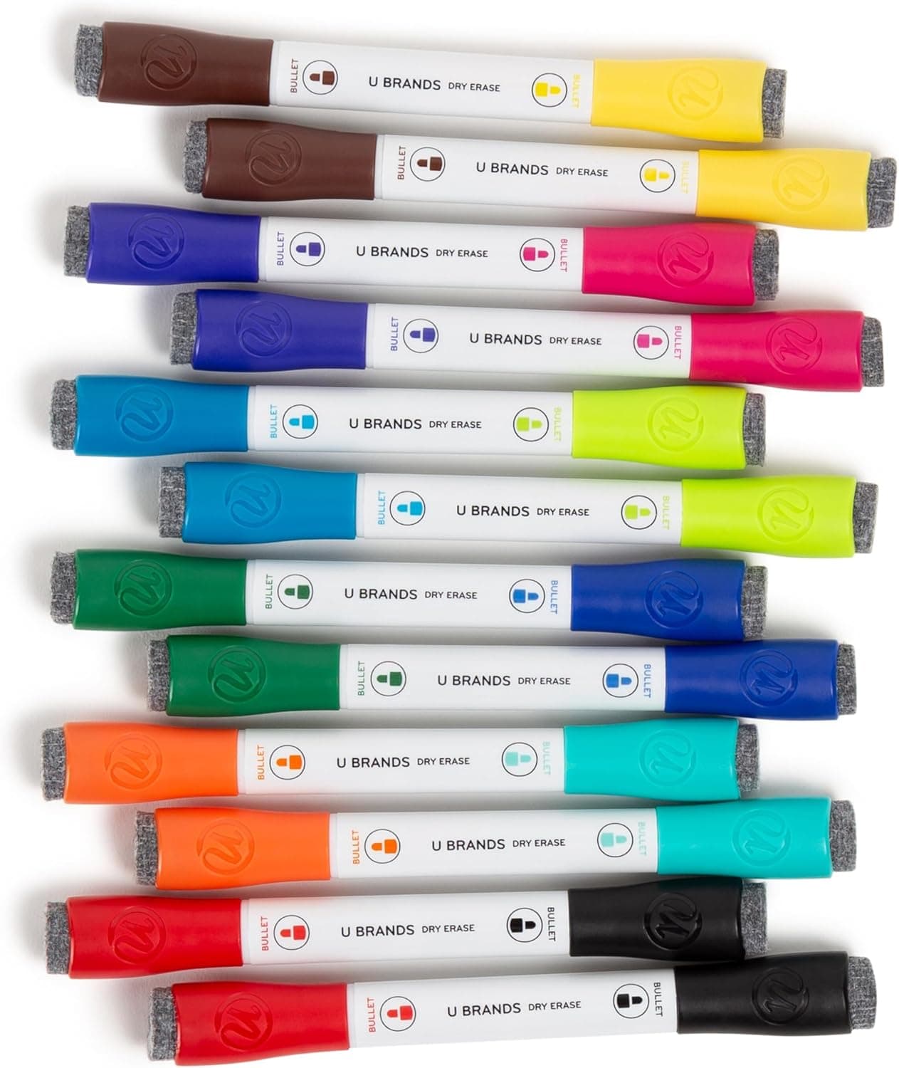 U Brands Marcadores de borrado en seco de punta fina con borrador, marcadores magnéticos de doble punta para pizarra blanca, bajo olor, colores brillantes surtidos, juego de 12