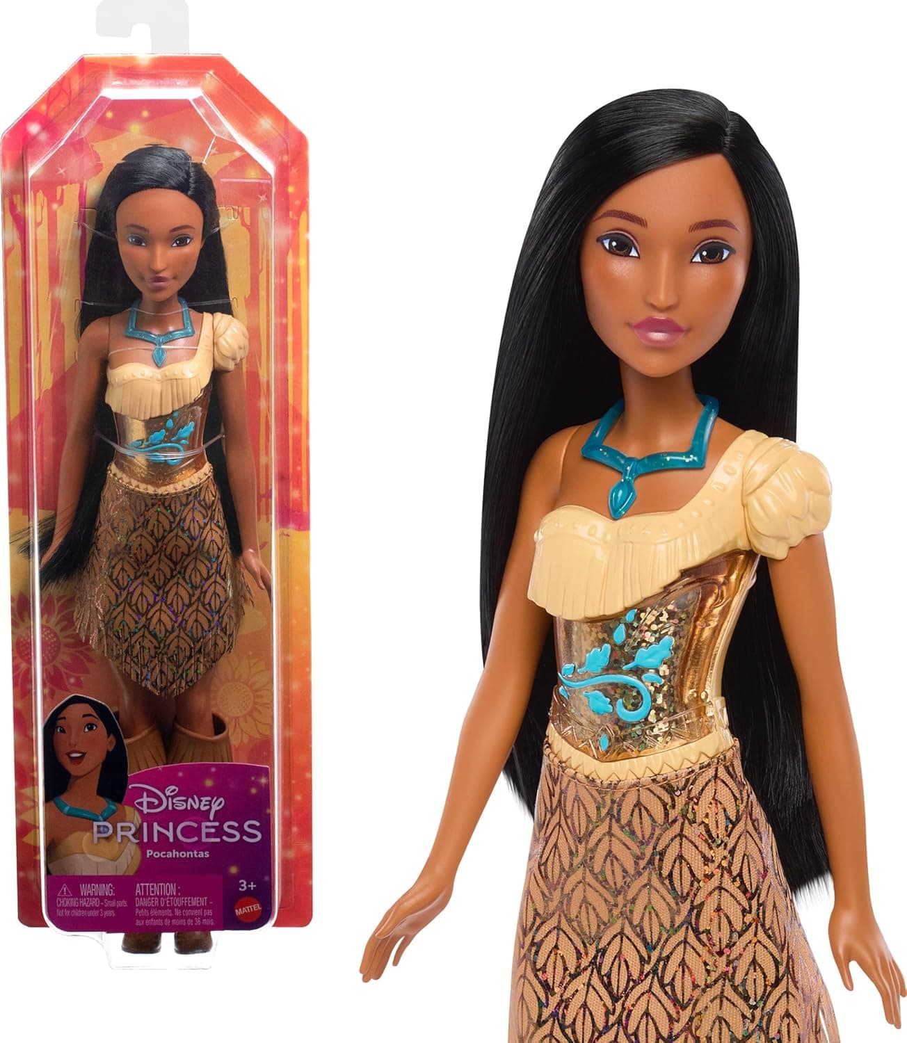 Muñeca de moda de la princesa Pocahontas de Mattel Disney con look exclusivo | Moda brillante con falda, collar y zapatos extraíbles, posible y coleccionable, inspirada en la película de Disney
