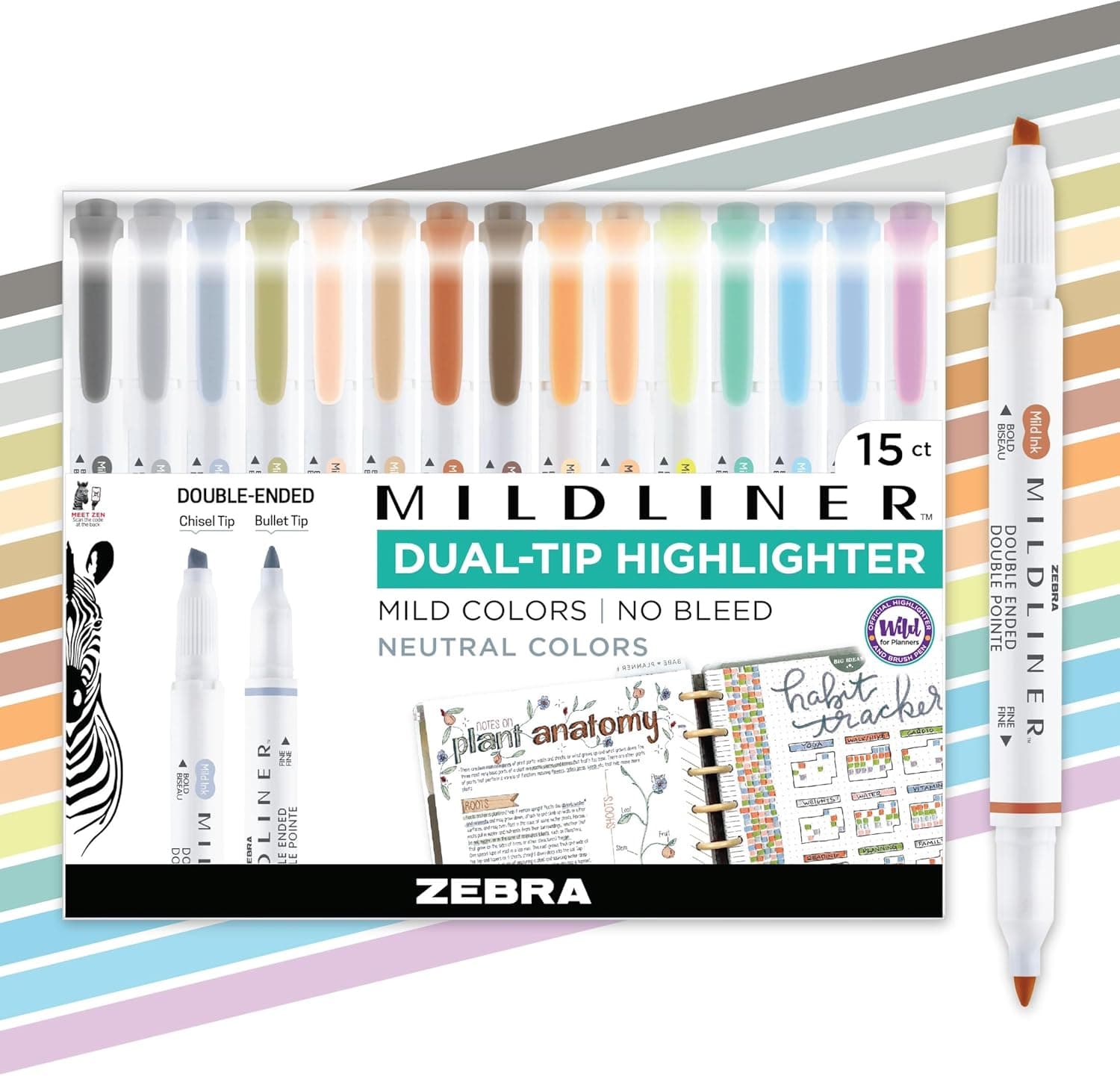 Resaltador Zebra Pen MILDLINER, colores neutros vintage, punta doble, paquete de 15 | Sin sangrado, punta ancha y fina, ideal para resaltar la Biblia, llevar un diario, útiles escolares, docentes y de oficina (78315)