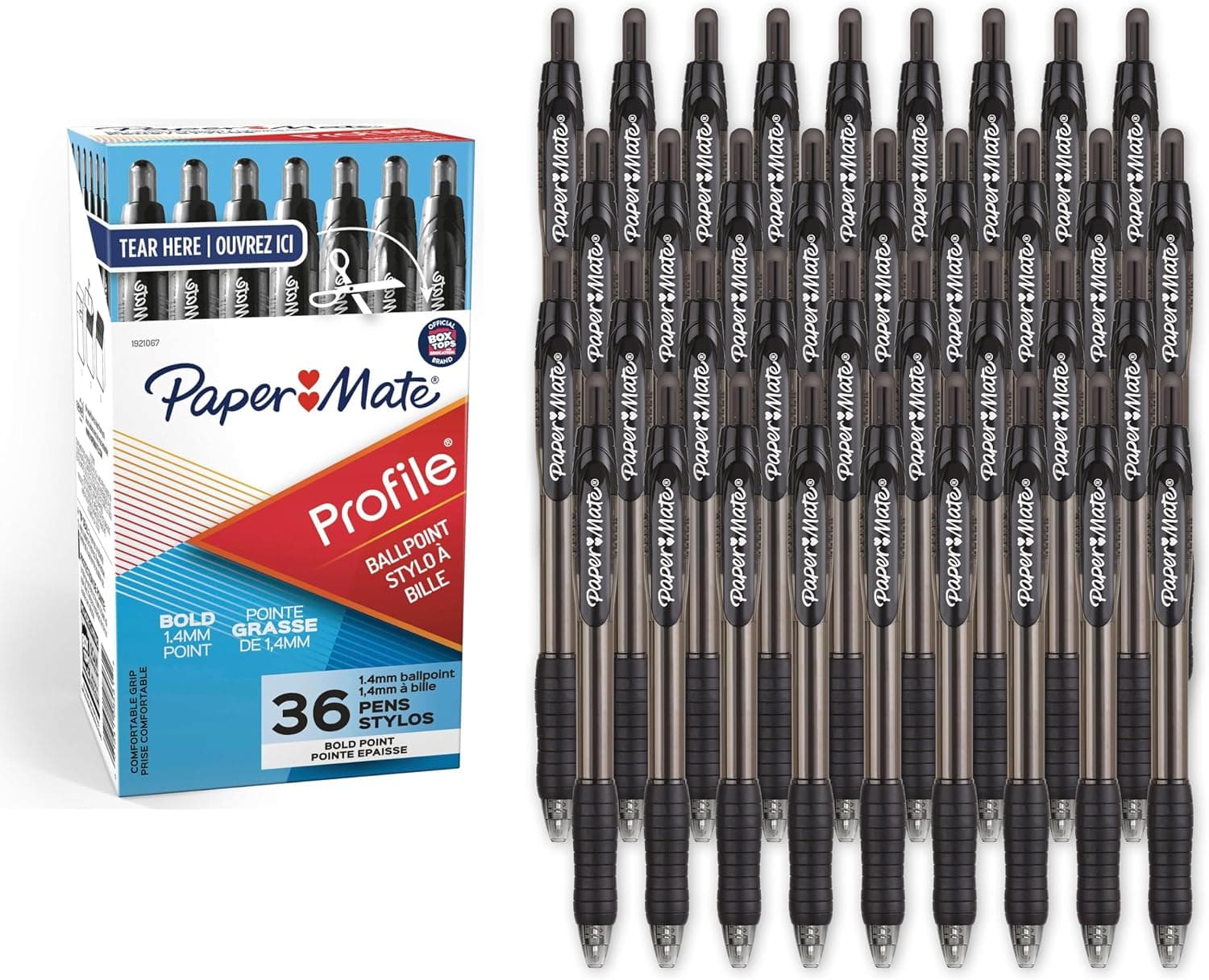 Bolígrafos retráctiles Paper Mate Profile, punta negrita (1,4 mm), negro, 36 unidades - Suministros de oficina, agarre cómodo, escritura diaria
