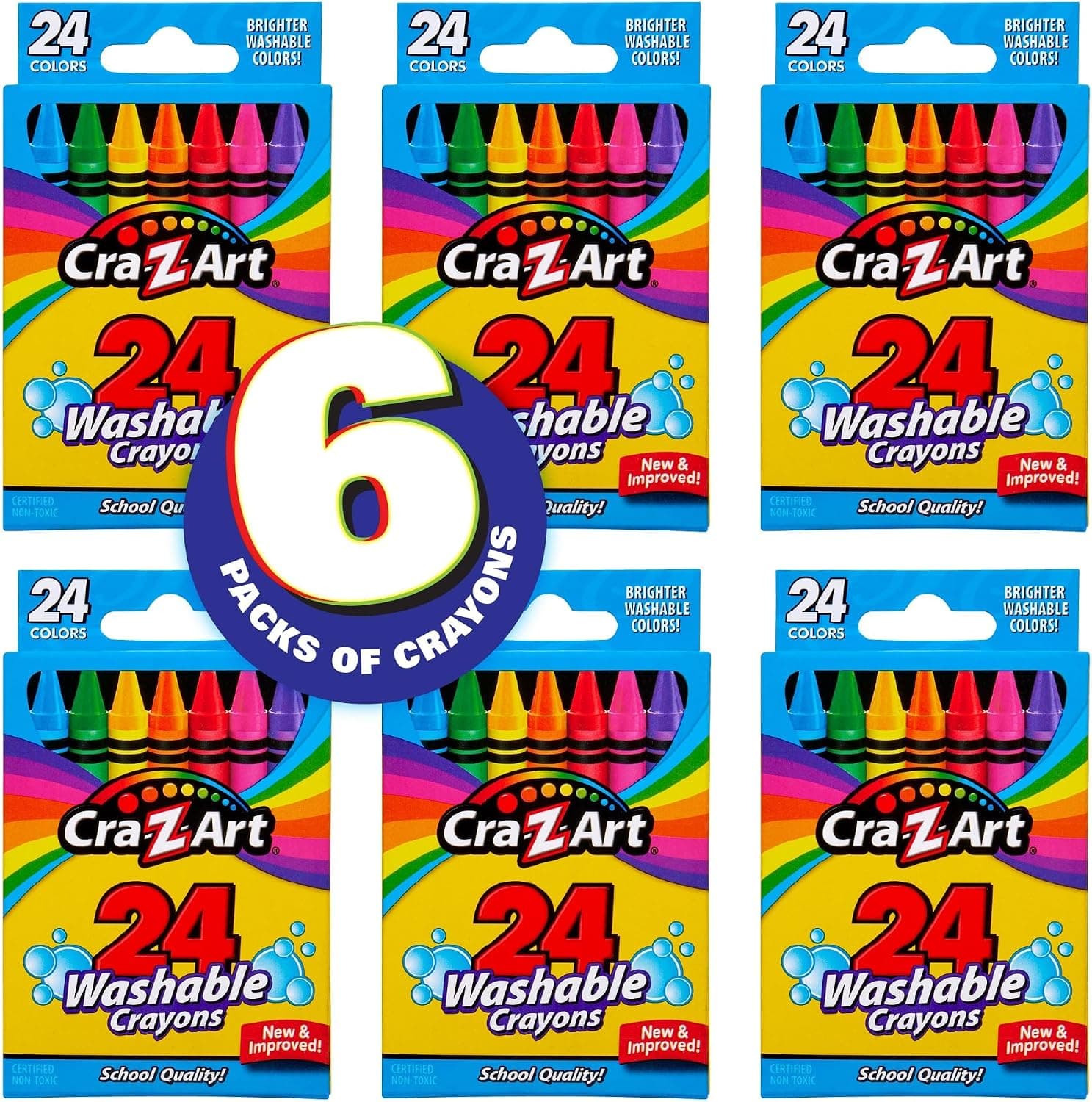 Cra-Z-Art Crayones lavables, paquete a granel, 24 unidades, 6 paquetes de crayones, suministros escolares a granel para el aula, elementos esenciales para el regreso a la escuela