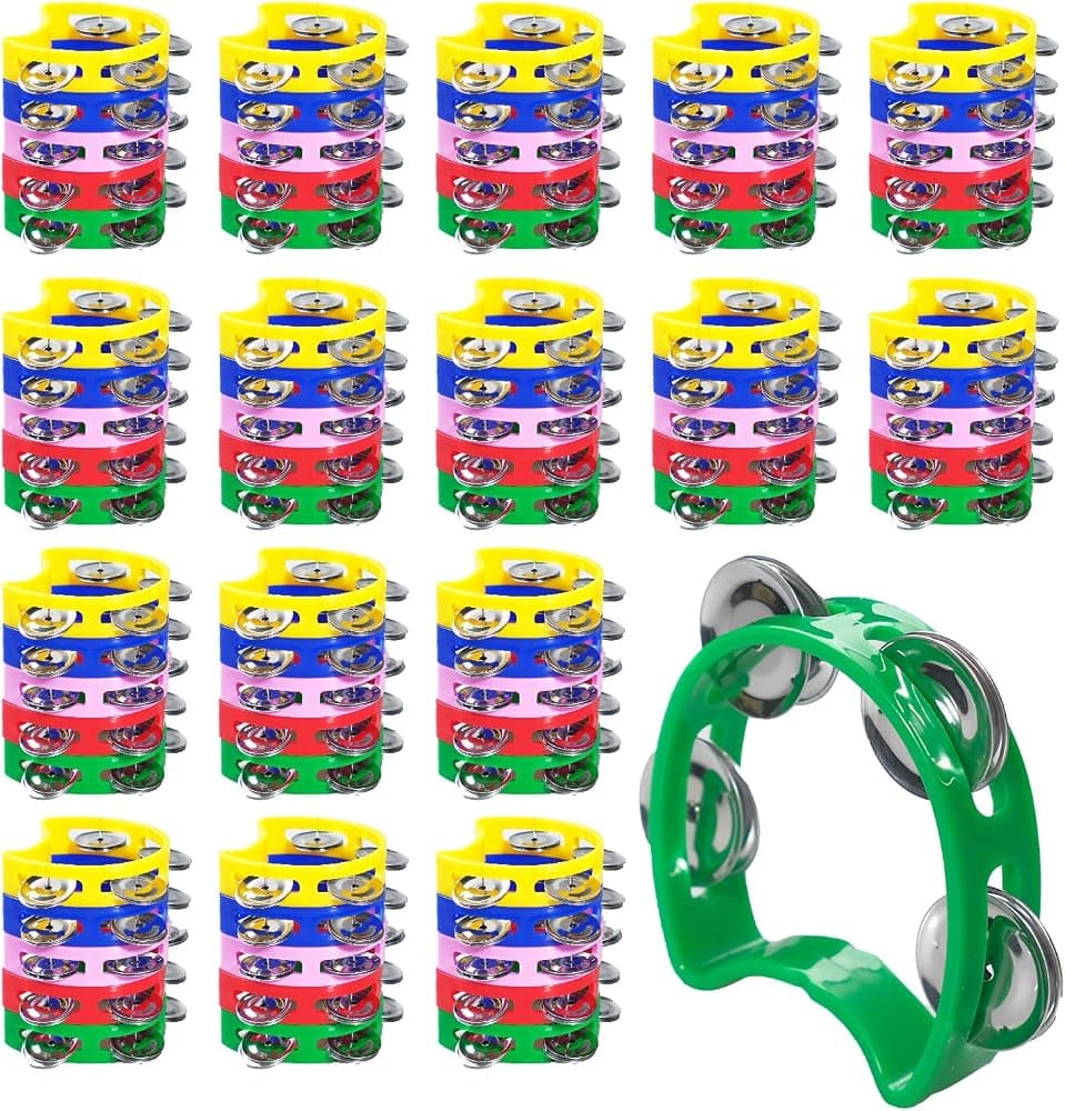 75 piezas de pandereta a granel para niños, 4 campanas, instrumento de ritmo de pandereta de percusión de mano, fabricantes de ruido de colores, instrumento musical de pandereta de mano para niños, adultos, principiantes, suministros para fiestas en el hogar y la escuela