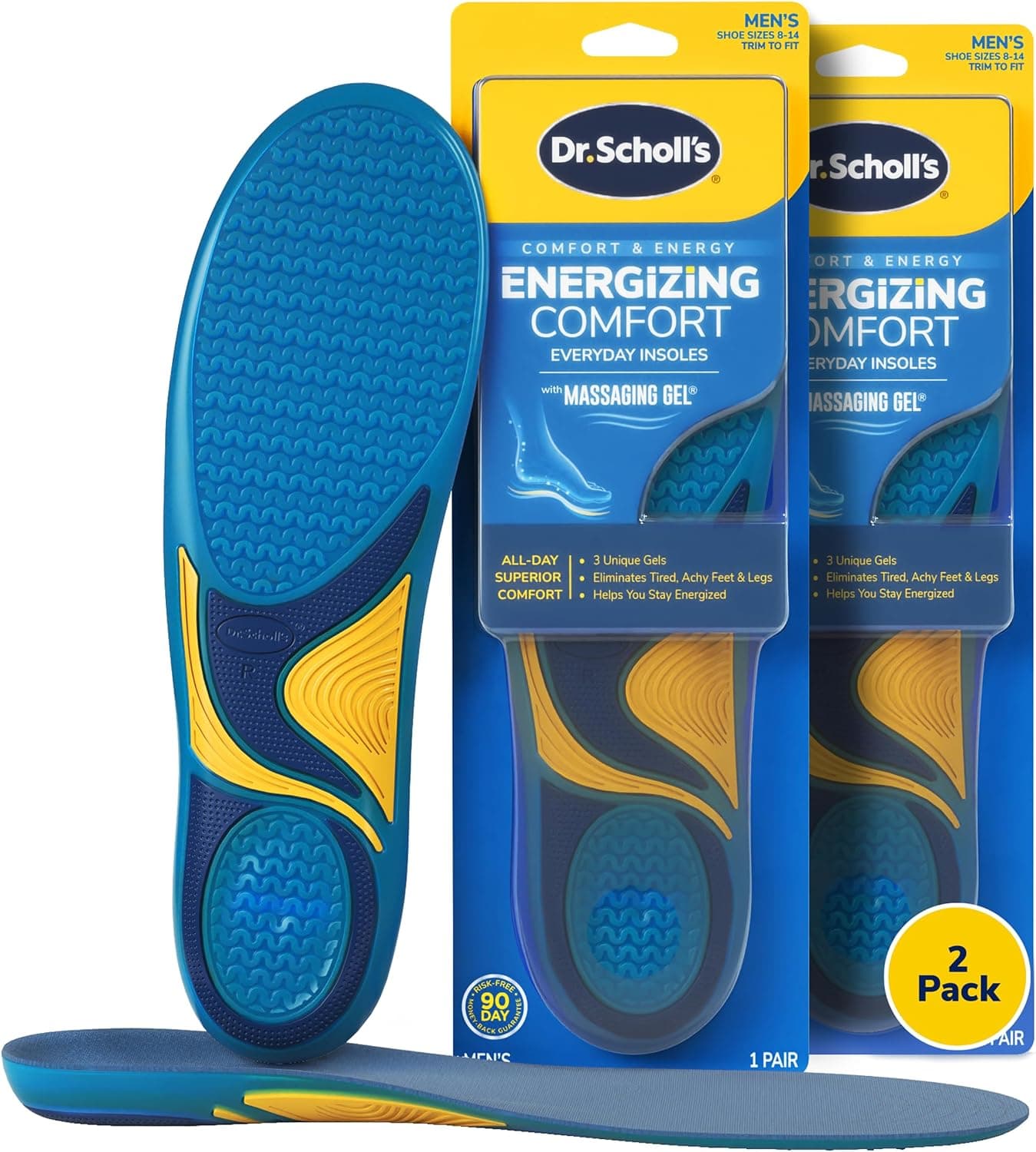 Plantillas diarias para hombre Energizing Comfort de Dr. Scholl con gel de masaje - Clínicamente probadas, insertos de energía y confort para todo el día, diseño patentado de triple gel, amortiguador, soporte para el arco: 2 pares