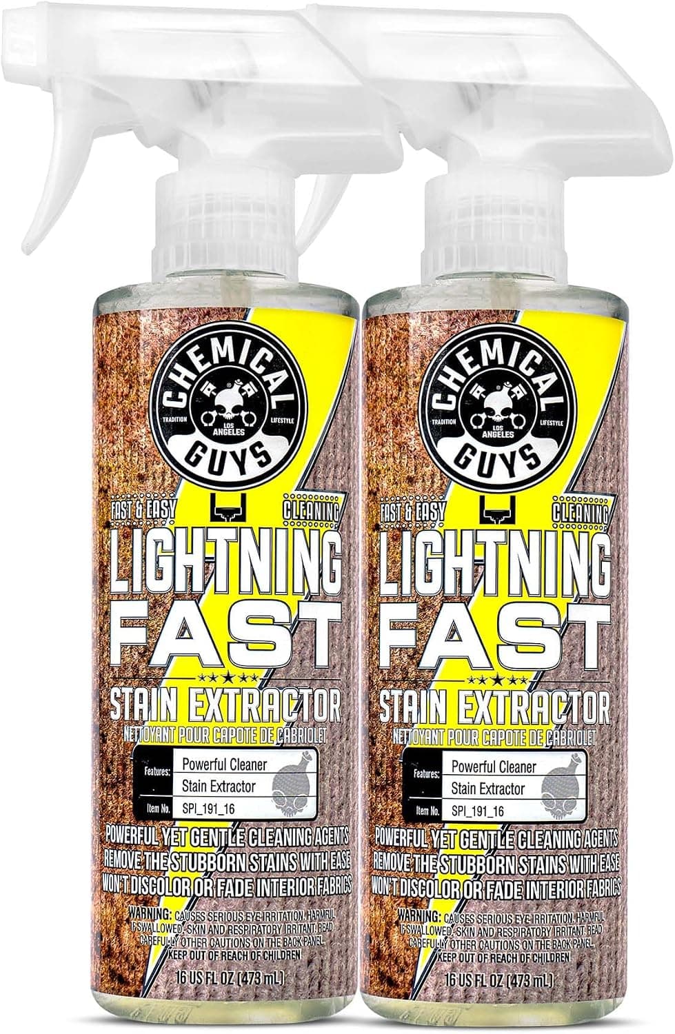 Chemical Guys, Extractor de alfombras y tapicería ultrarrápido, 16 oz, paquete de 2 | Elimina la suciedad del café, los refrescos, el vino y las mascotas en alfombras, asientos y tapetes; simplemente rocíe, agite y seque para obtener una apariencia limpia.