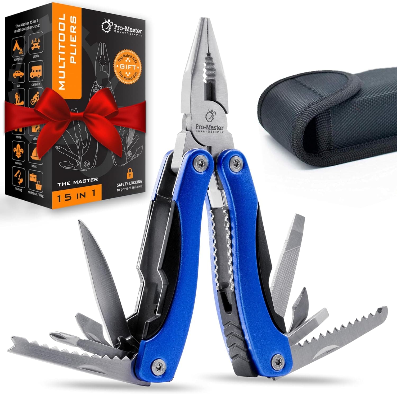 Multiherramienta 15 en 1 con bloqueo de seguridad, navaja y alicates de acero inoxidable, multiherramienta EDC compacta para camping, senderismo, pesca, actividades al aire libre, supervivencia, regalo para hombres, padre, marido, novio
