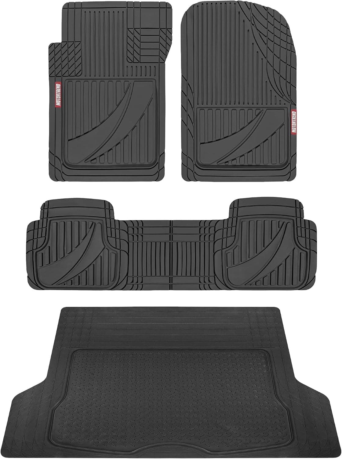 Motor Trend FlexTough™ Juego completo de tapetes negros de caucho resistente para todo tipo de clima y revestimiento de carga para SUV Jumbo - Ajuste universal para adaptarse a tapetes para piso y tapetes para maletero de automóviles, accesorios interiores
