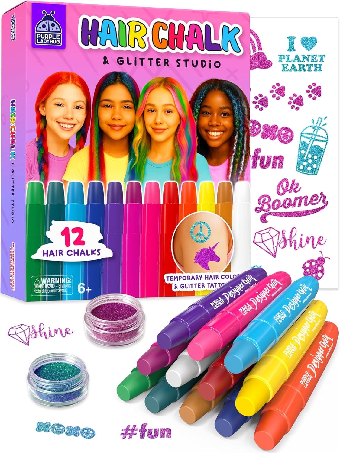Tiza para el cabello para niñas, tinte temporal para el cabello de 12 colores, rotuladores de tiza lavables | Brillo vibrante y tatuajes incluidos, color de cabello temporal, edades 6-12, regalo de cumpleaños para adolescentes preadolescentes, cosplay de Halloween