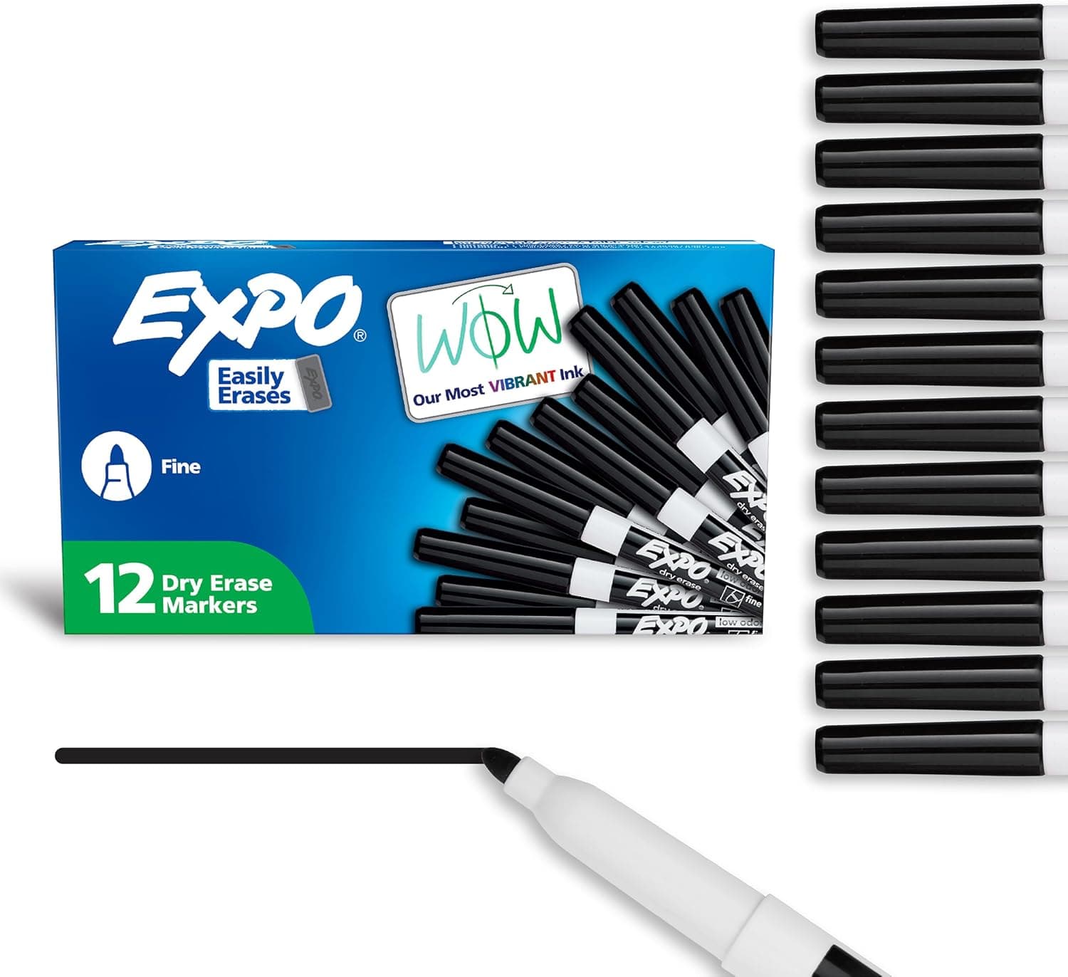 EXPO Marcadores de borrado en seco, tinta de bajo olor, negro, punta fina, 12 unidades - Pizarra blanca, calendario, organización, suministros esenciales para oficina, escuela, aula, profesores