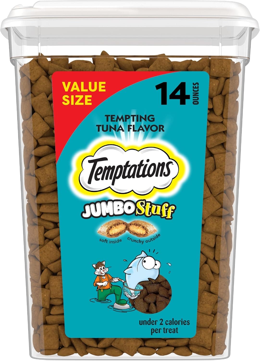 Temptations Jumbo Stuff golosinas crujientes y suaves para gatos, atún, 14 oz | Crujiente por fuera, suave por dentro, menos de 2 calorías por golosina, recipiente resellable para mantenerse fresco, 100 % completo y equilibrado