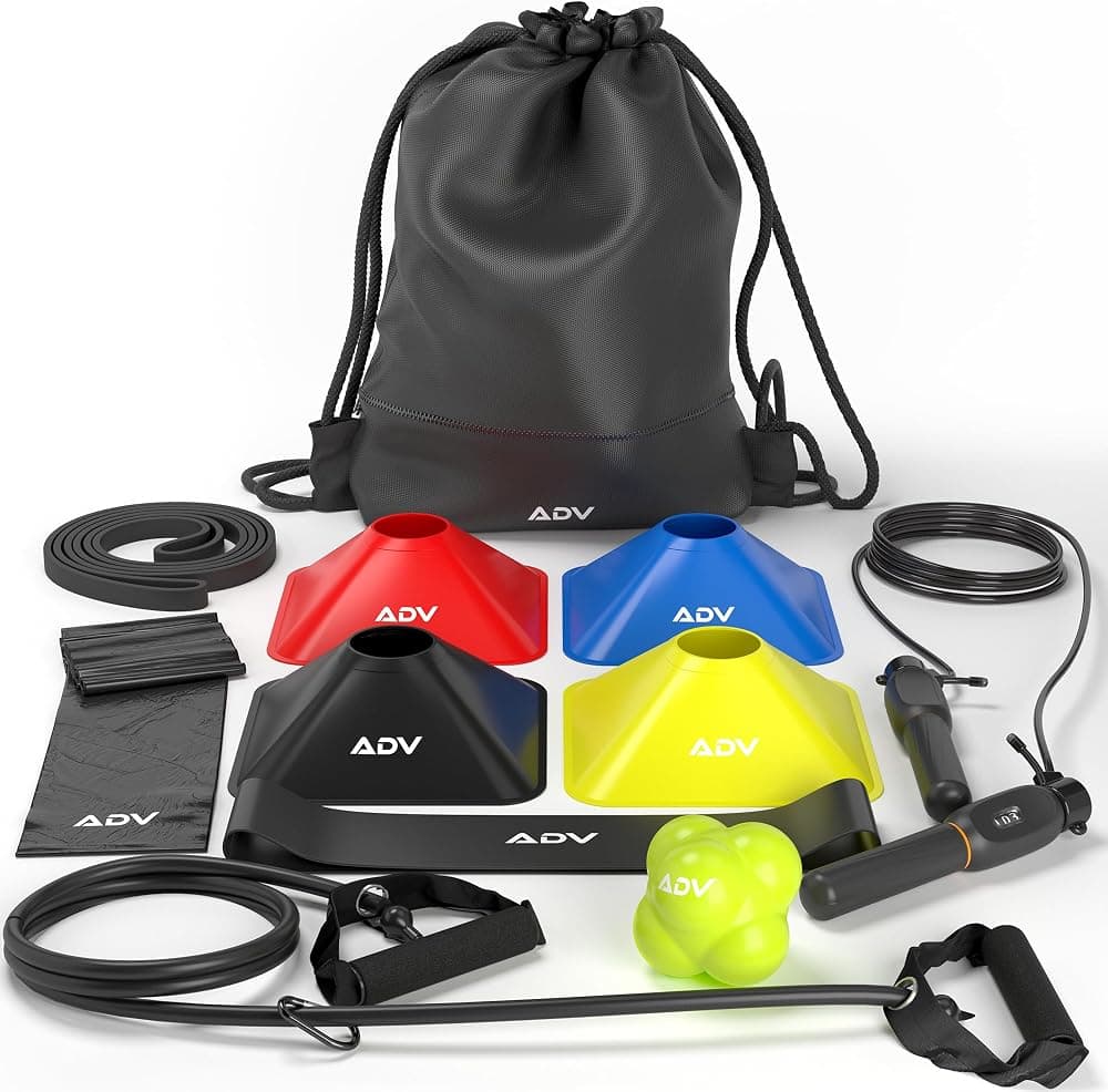 Kit de entrenamiento de tenis ADV V2 - Equipo de entrenador de tenis con pelota de rebote | El conjunto de práctica completo incluye cuerda de salto de conteo, bandas de resistencia, bandas elásticas para hacer ejercicio y conos para ejercicios