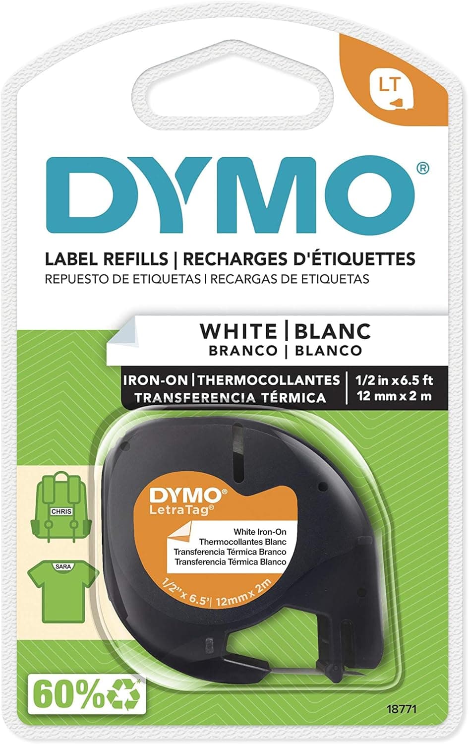 DYMO 18771 LT Etiquetas de tela termoadhesivas, rollo de 1/2 pulgada x 6,5 pies, impresión negra sobre blanco, planchado, para impresoras LetraTag