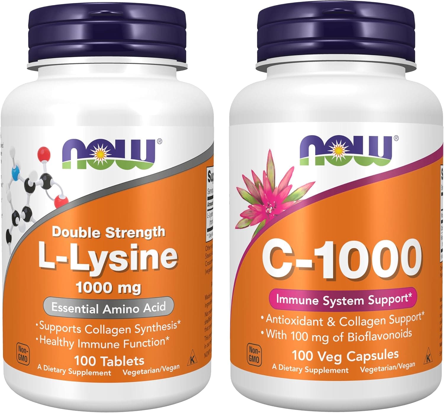 Paquete de apoyo estructural e inmunológico de Now Foods*: suplementos de L-lisina + VIT C | L Lysine Tablets 1000 mg, 100 ct + Vitamina C 1000 mg Cápsulas 100 ct - Apoya la salud del sistema inmunológico y la síntesis de colágeno*