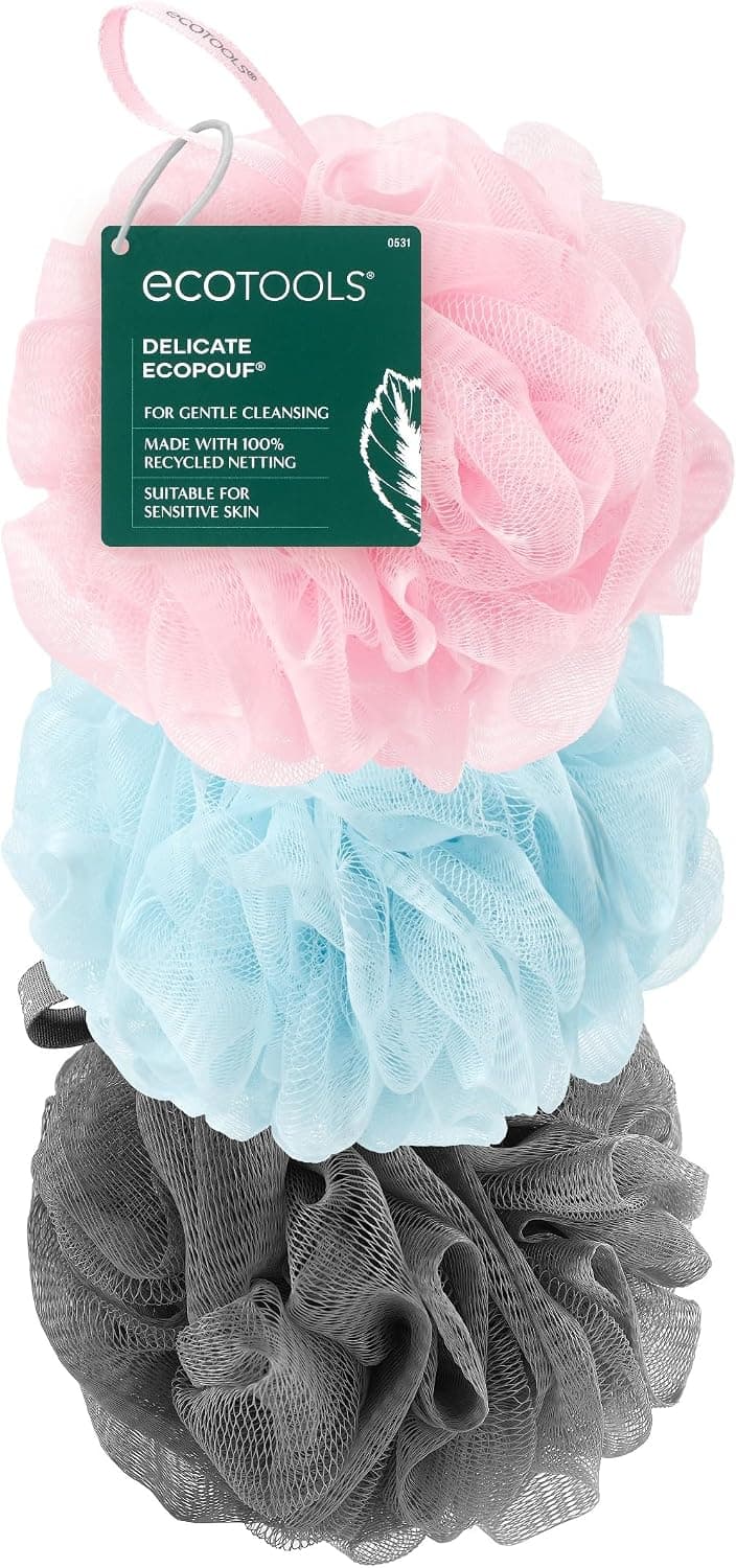 EcoTools EcoPouf Juego de 3 esponjas de baño, pufs de ducha | Exfoliación suave diaria, esponjas de ducha para el cuerpo, paquete de esponja vegetal, red reciclada, espuma rica