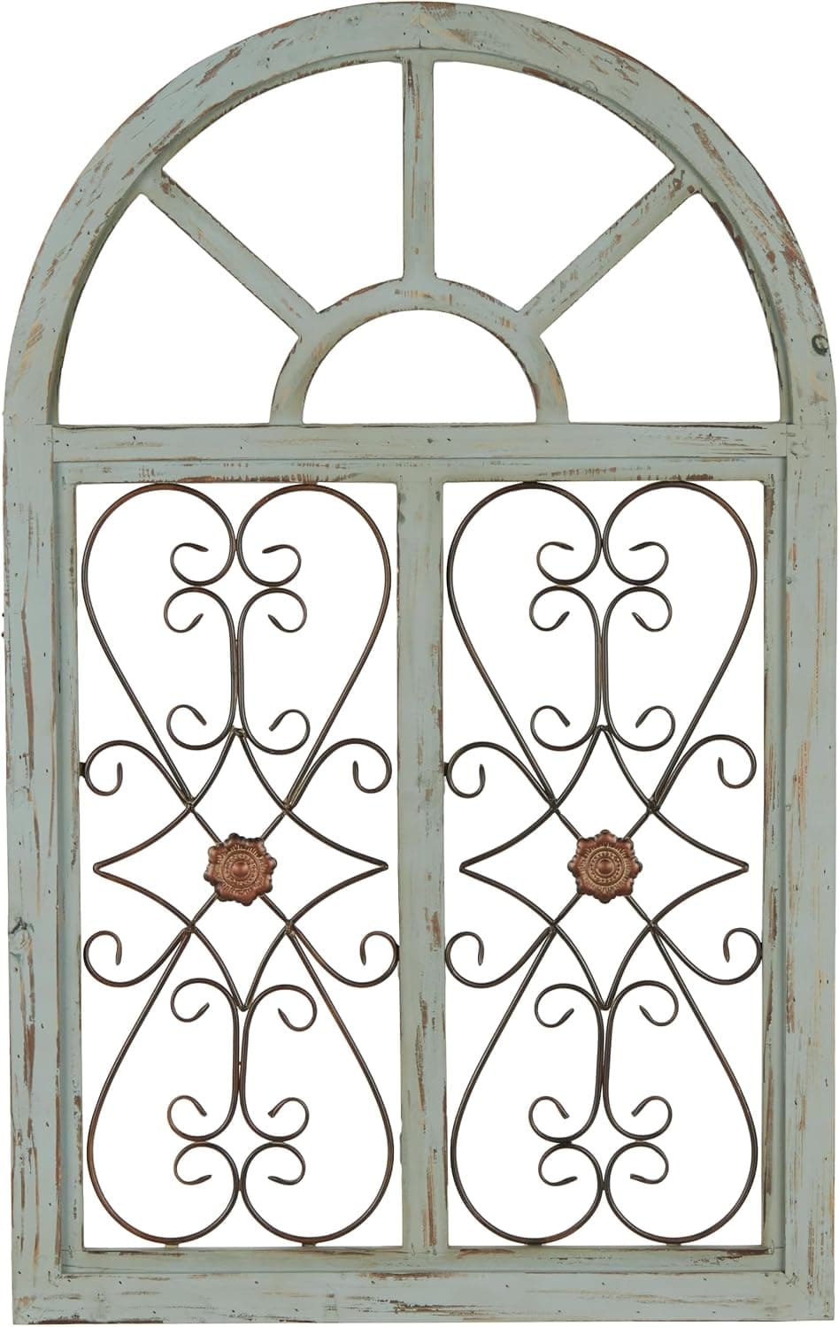 Deco 79 Pergamino de madera para decoración de pared del hogar, escultura de pared inspirada en ventana arqueada con relieve de volutas de metal, arte de pared de 28 x 1 x 45 pulgadas, azul claro