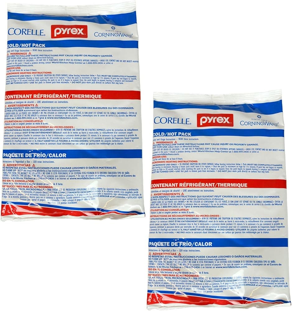 Paquete frío/caliente grande portátil Pyrex (paquete de 2) - Fabricado en EE. UU. | Paquetes de gel reutilizables | Listo para congelador y microondas | Diseño resistente a fugas | Retención de temperatura duradera | Fácil de limpiar