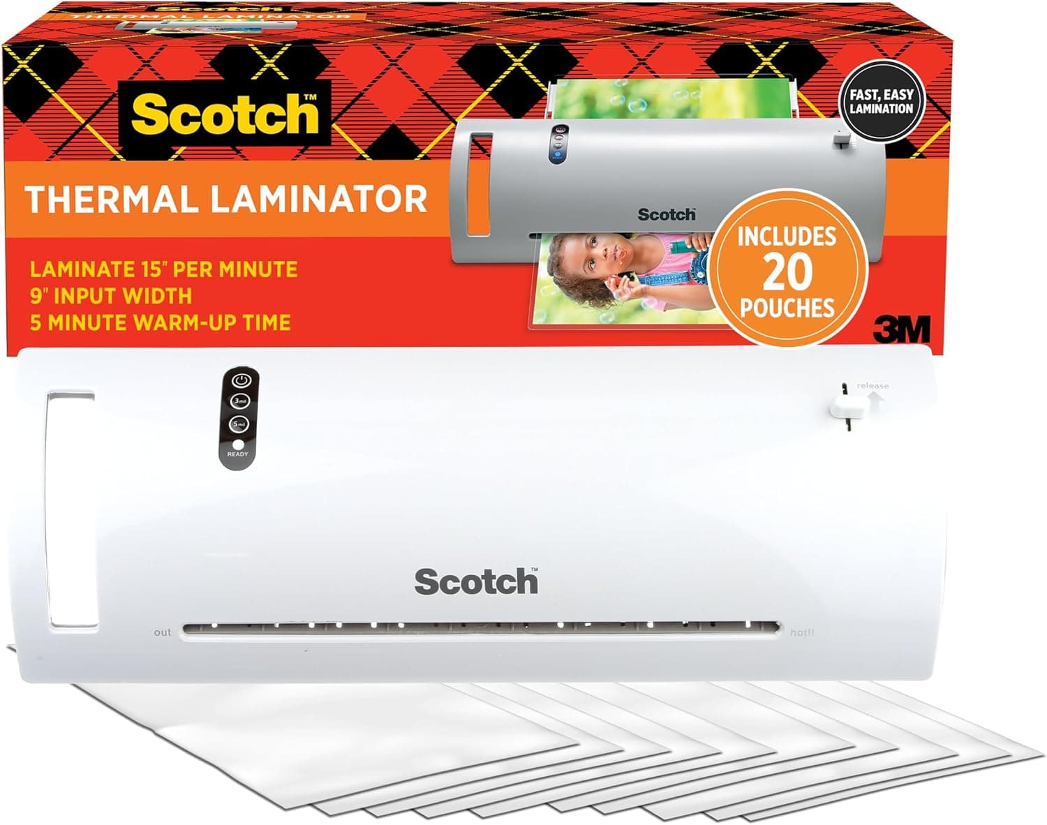 Laminadora térmica Scotch TL902VP, 1 máquina laminadora, blanca, tarjetas de recetas laminadas, fotos y documentos, para el hogar, la oficina o el colegio, 9 pulg.
