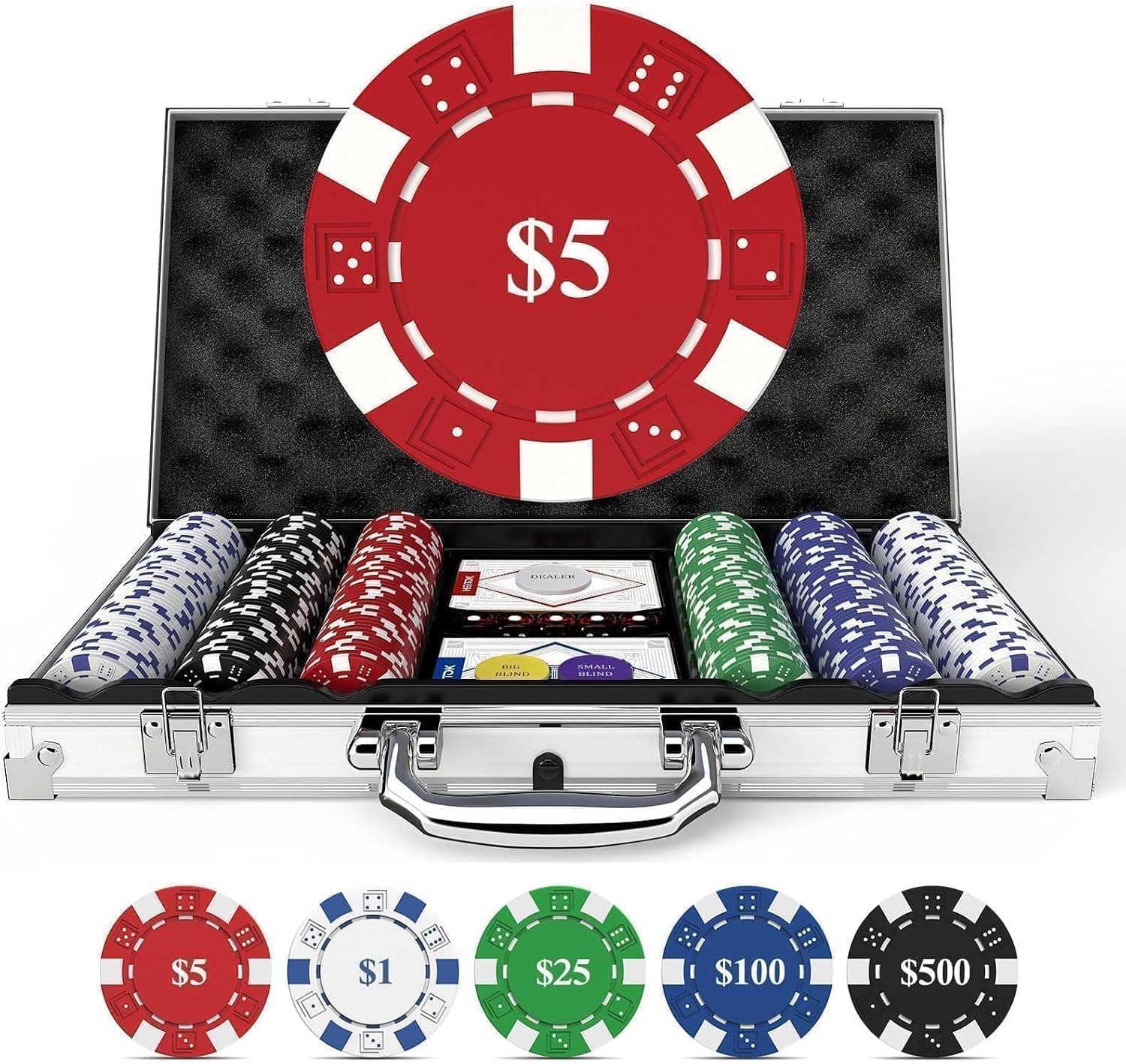 HEITOK Juego de fichas de póquer de 300 piezas 11,5 g Denominaciones de núcleo de hierro Texas Holdem