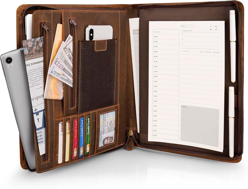 Portafolio de cuero de grano completo con cremallera, organizador profesional de negocios para hombres y mujeres, carpeta de currículum ejecutivo con soporte para bloc de notas A4, ranuras para tarjetas, lazo para bolígrafo, 10 x 13 pulgadas, juego de regalo de lujo