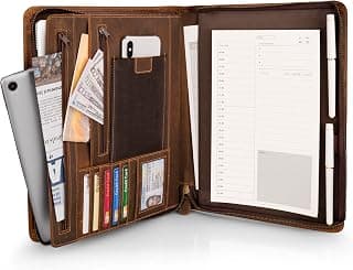 Portafolio de cuero de grano completo con cremallera, organizador profesional de negocios para hombres y mujeres, carpeta de currículum ejecutivo con soporte para bloc de notas A4, ranuras para tarjetas, lazo para bolígrafo, 10 x 13 pulgadas, juego de regalo de lujo