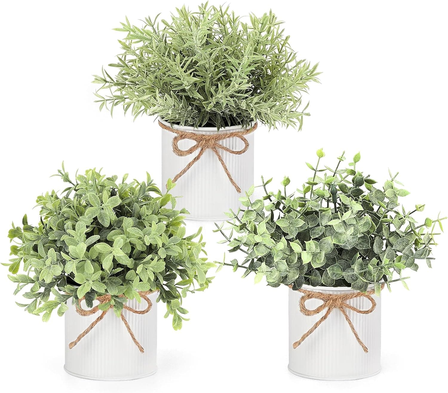 Mkono Pequeñas Plantas Falsas, Paquete de 3 Plantas Falsas para Decoración del Hogar de Granja en Interiores | Macetas de Metal galvanizado blanco, plantas artificiales de eucalipto, cuarto de lavado, cabina de baño, aula, estante de oficina, decoración de mesa