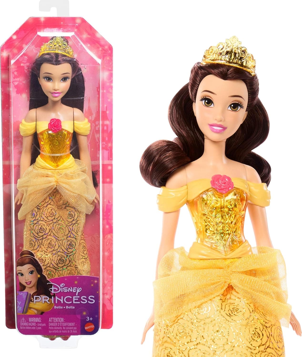 Muñeca Princesa Belle de Mattel con look exclusivo | Moda brillante con falda extraíble, tiara y zapatos, posable y coleccionable, inspirada en la película de Disney